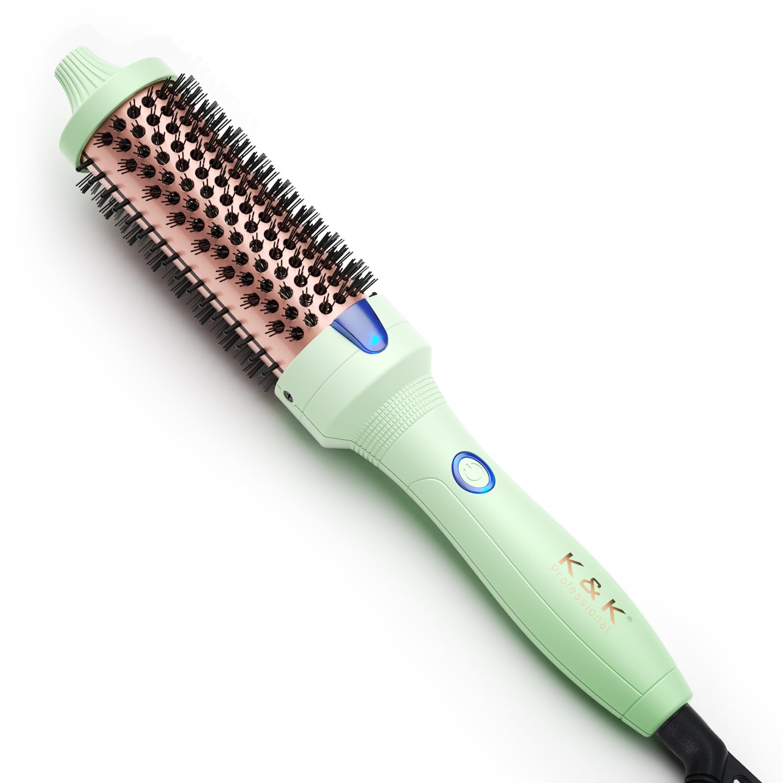 K&K Thermal Brush ceramic barrel close-up shows even heat for smooth curls.