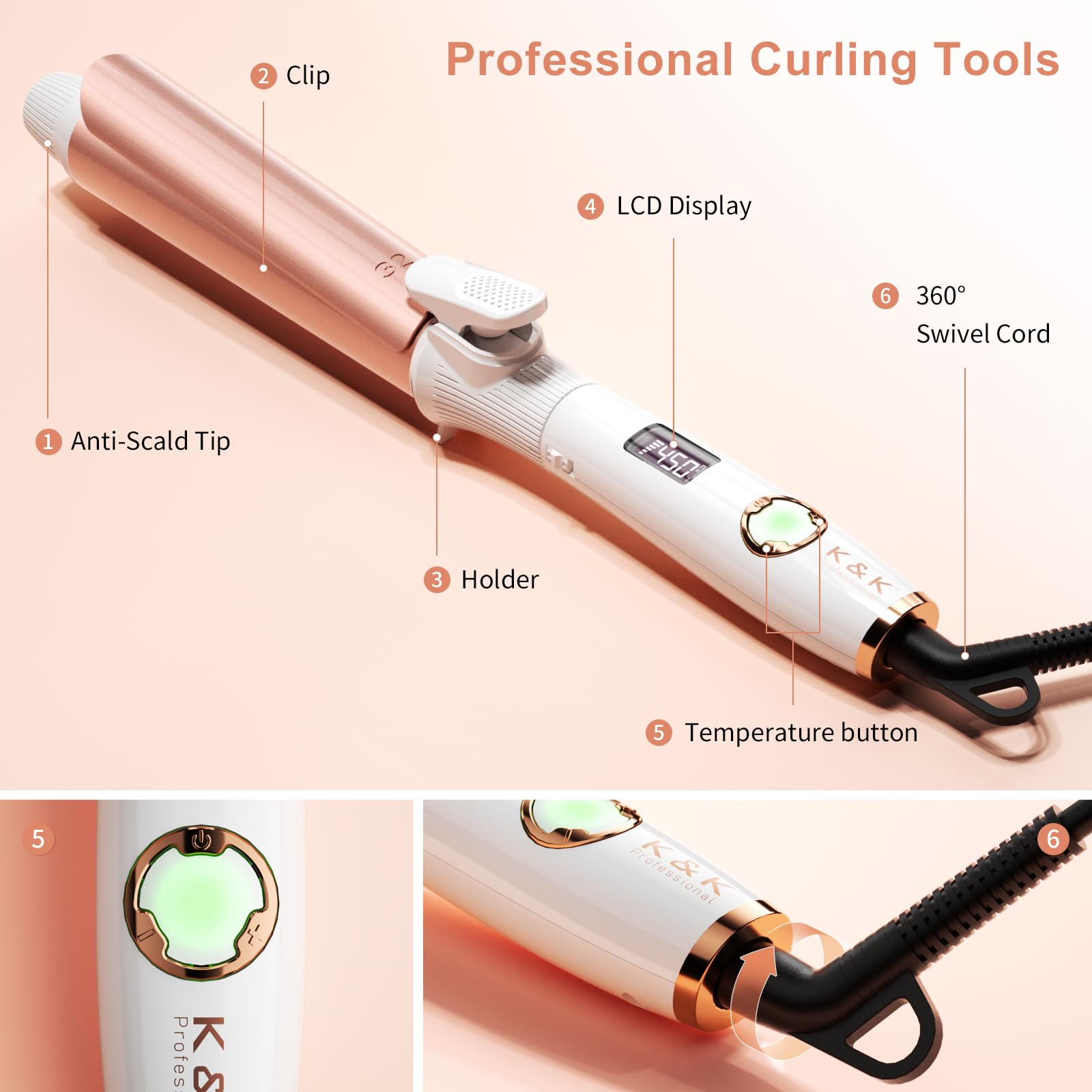 K&K Long Barrel Styler action highlights smooth curls from the ceramic-coated barrel.