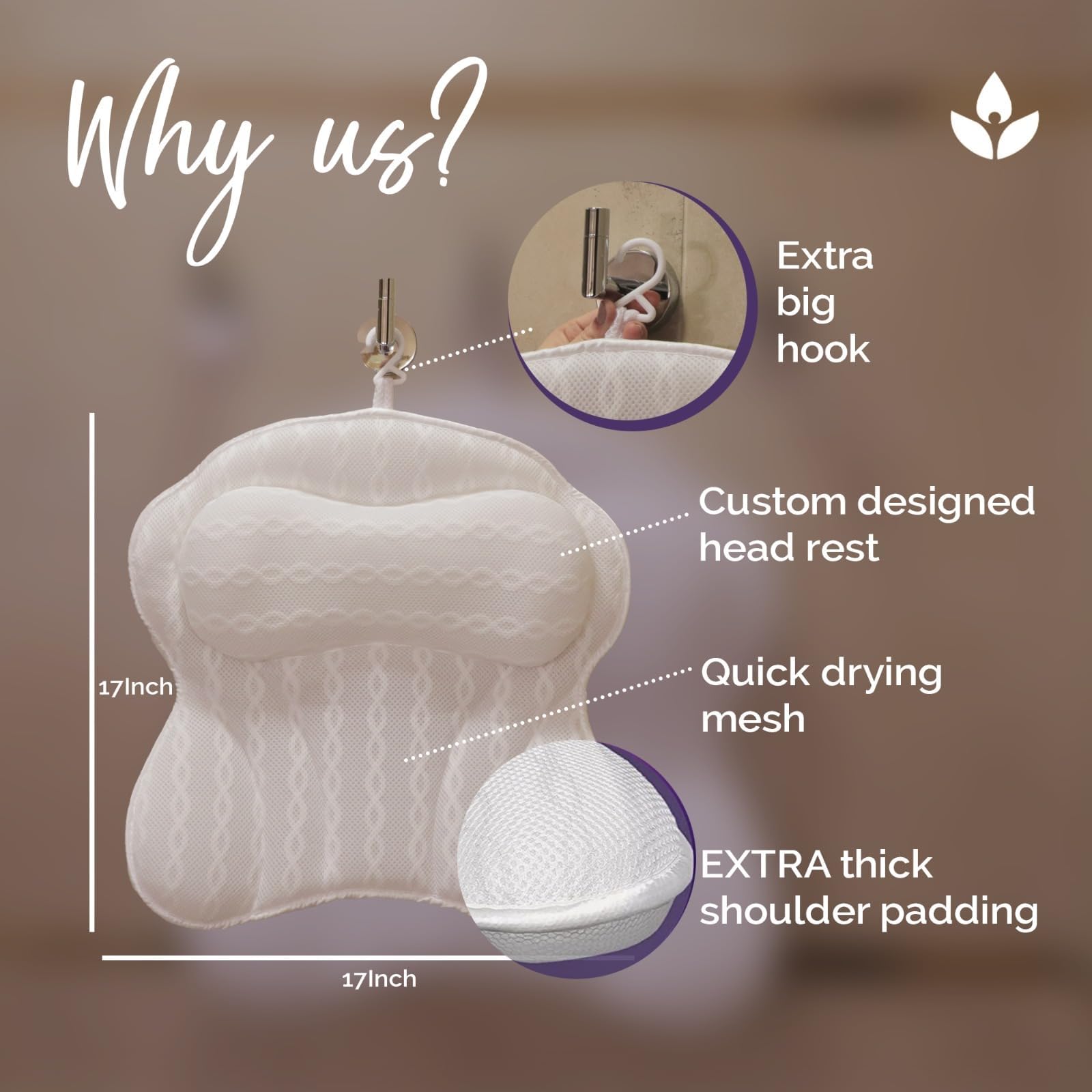 KANDOONA Bath Pillow with elevated sides supports head and shoulders.