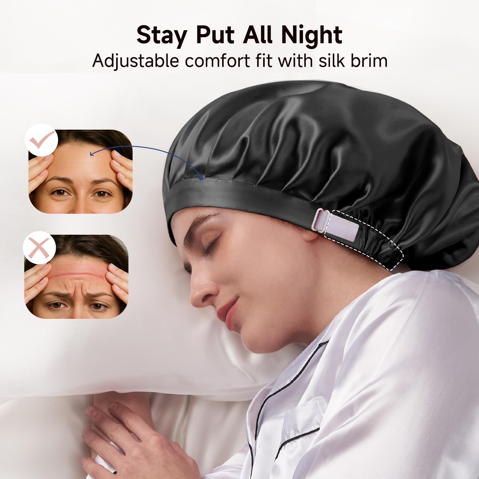 Kaome silk bonnet large diameter close-up demonstrates full coverage for diverse hair types.