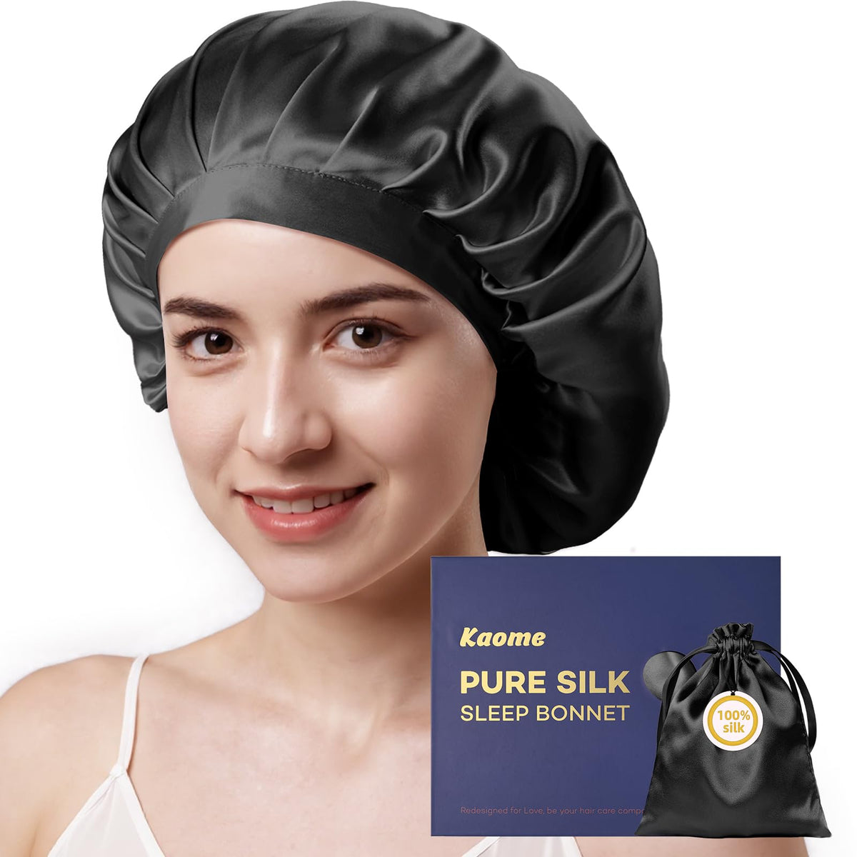 Kaome silk bonnet outer layer 22 momme in this image highlights smoothness and frizz reduction.