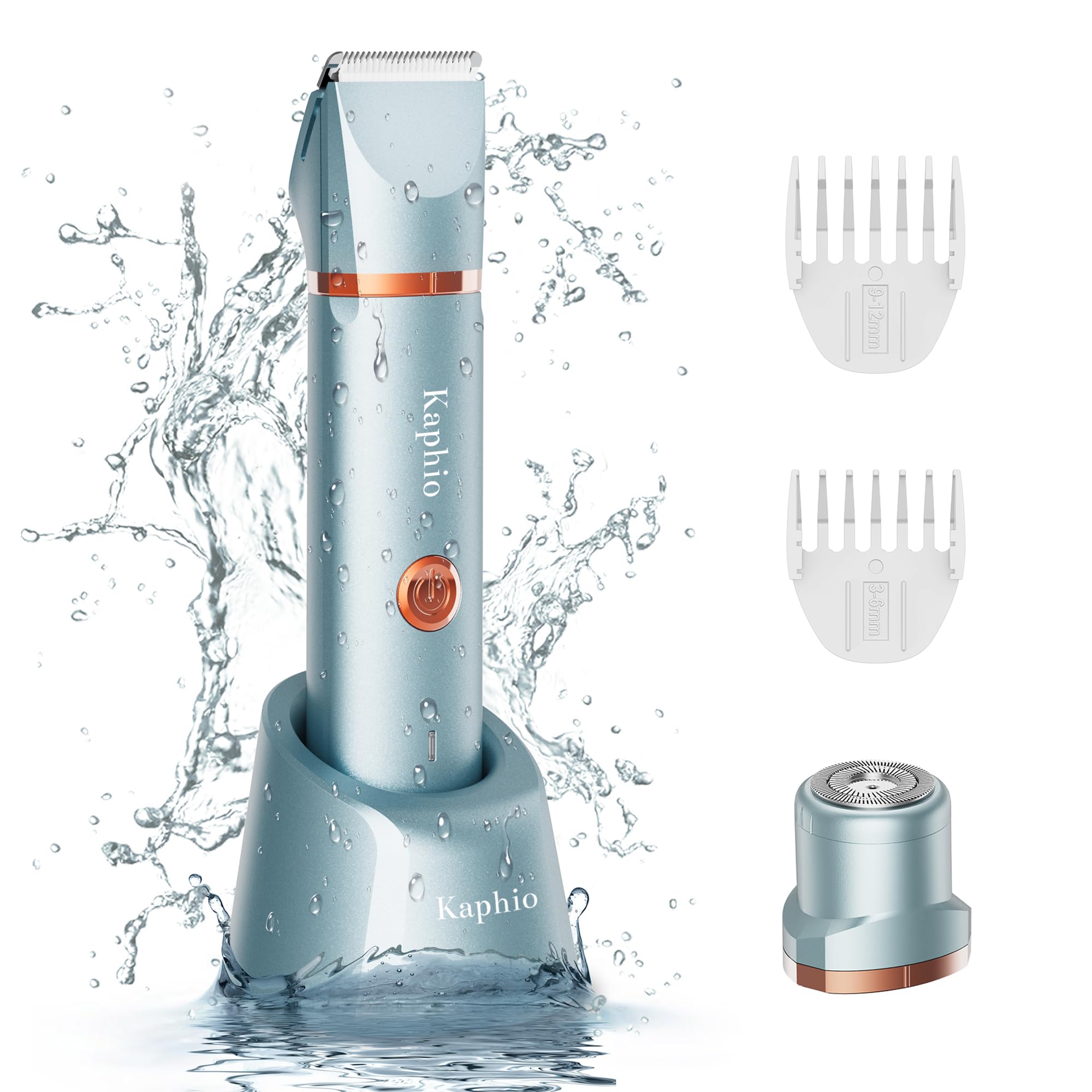 KAPHIO bikini-trimmer blue front view highlights skin-gentle trimming for sensitive areas.