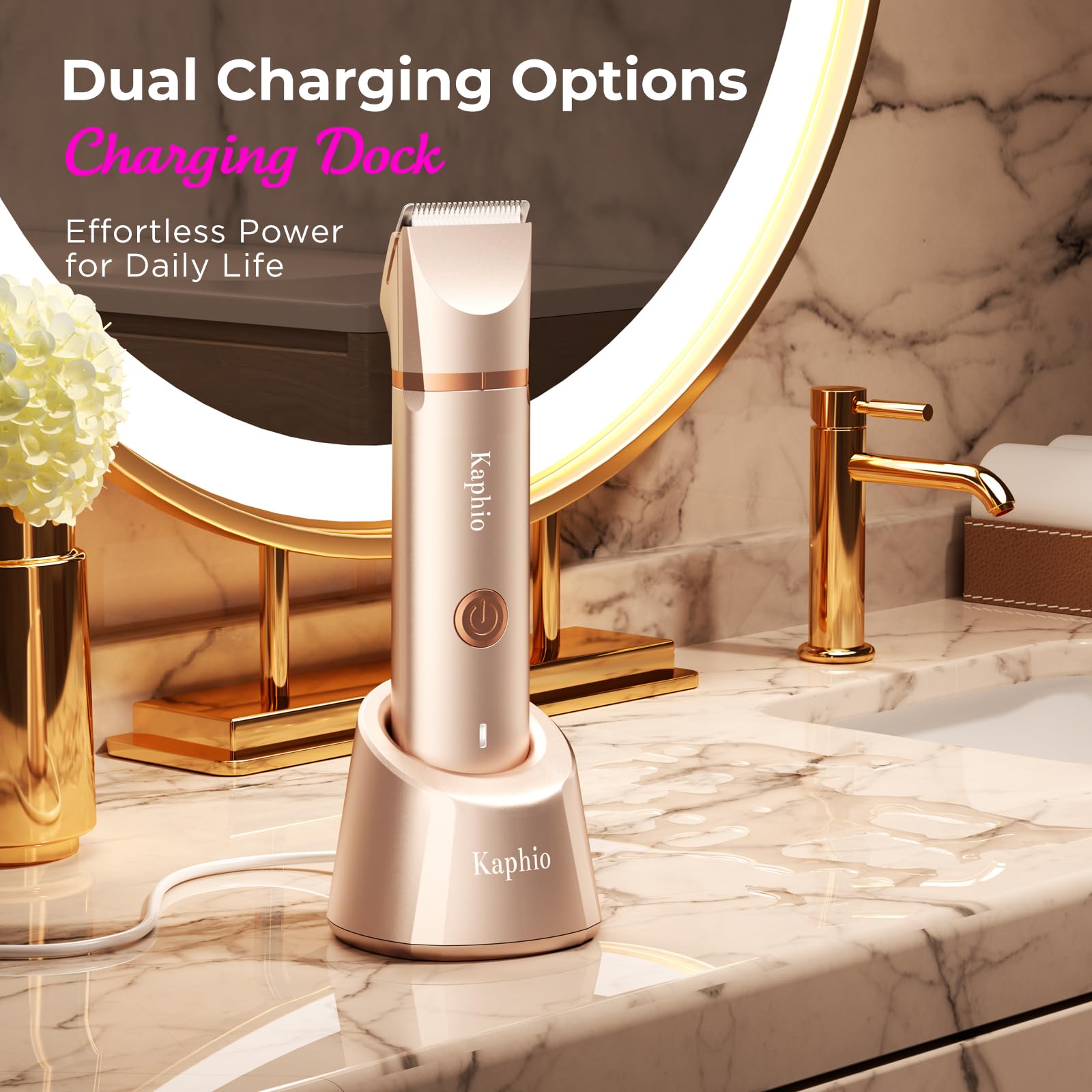 KAPHIO bikini trimmer rose gold ceramic trimming head for precise control.