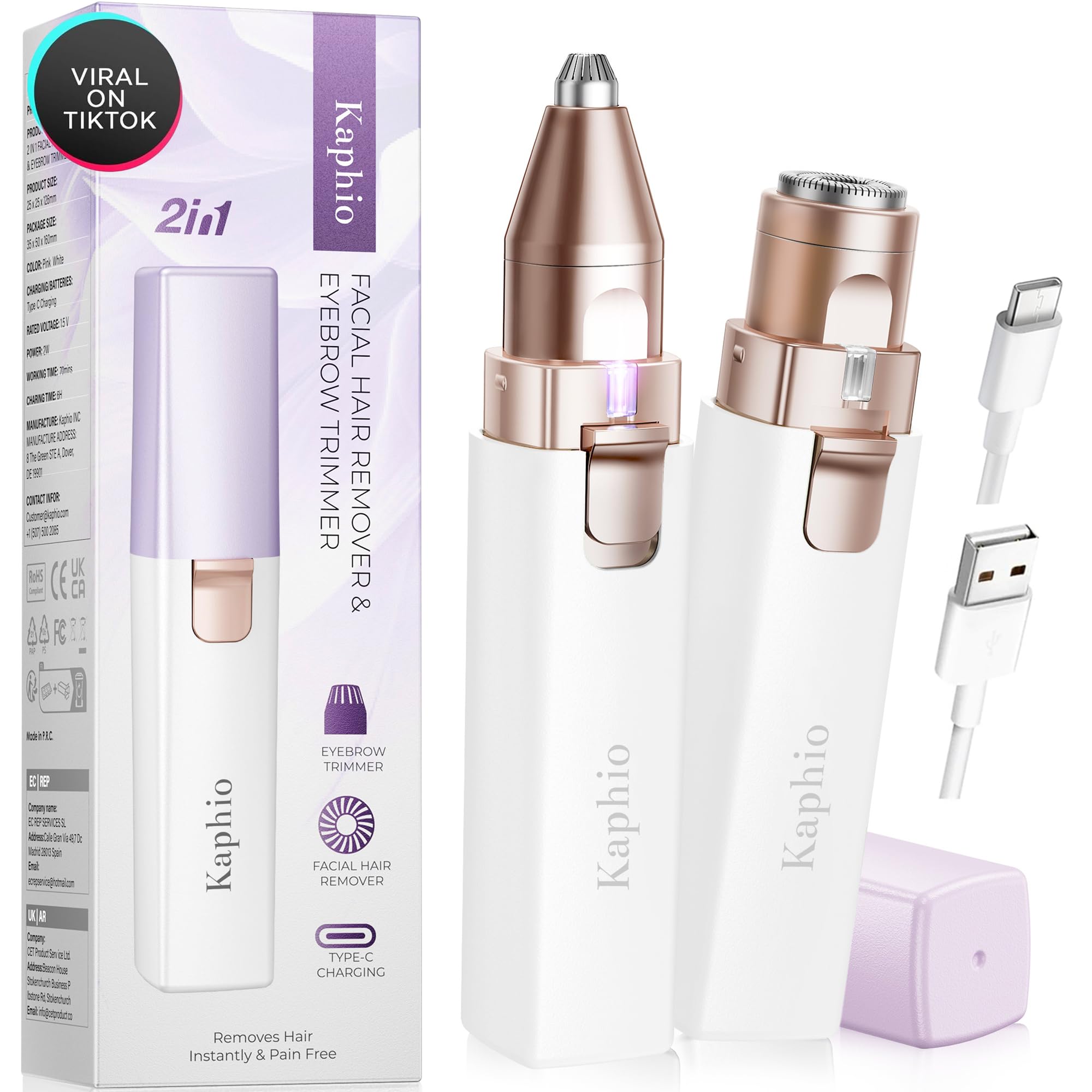 KAPHIO 2-in-1 facial hair remover front view purple for precise, painless grooming.