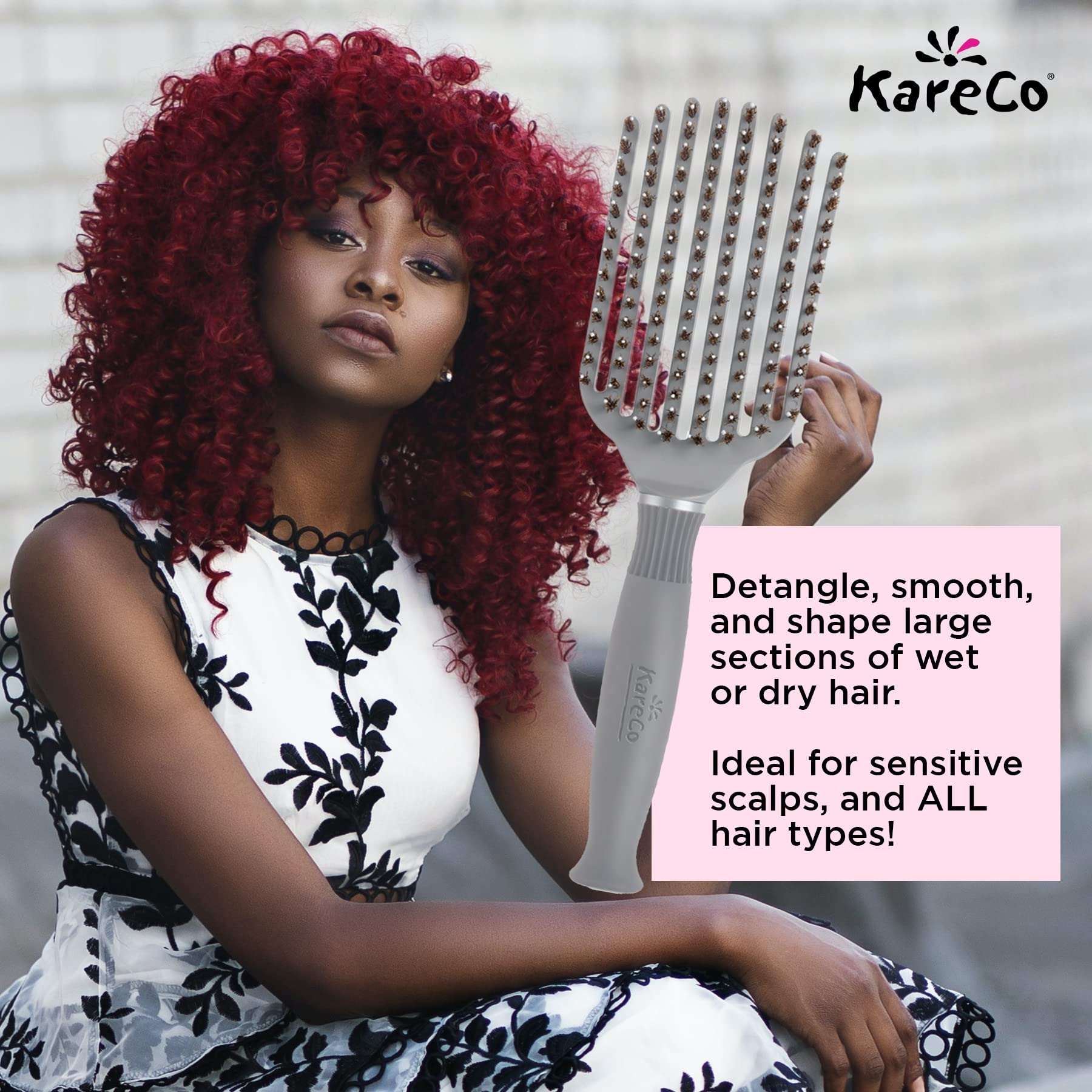 KareCo Tangle Buster anti-static pad closeup reduces frizz during brushing.