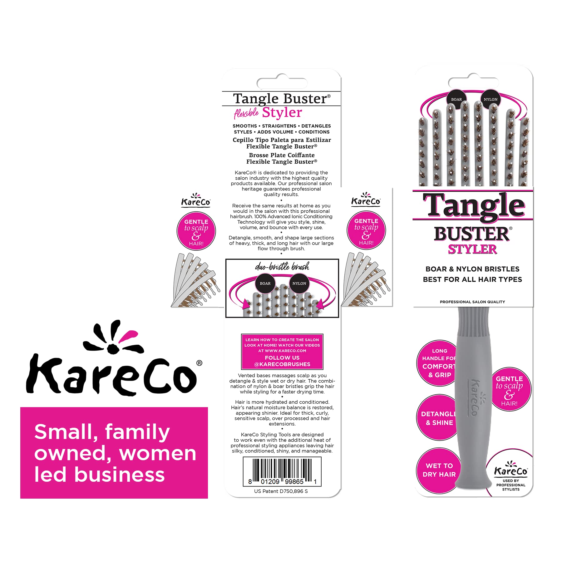 KareCo Tangle Buster ionic bristles smooth hair with gentle massage.