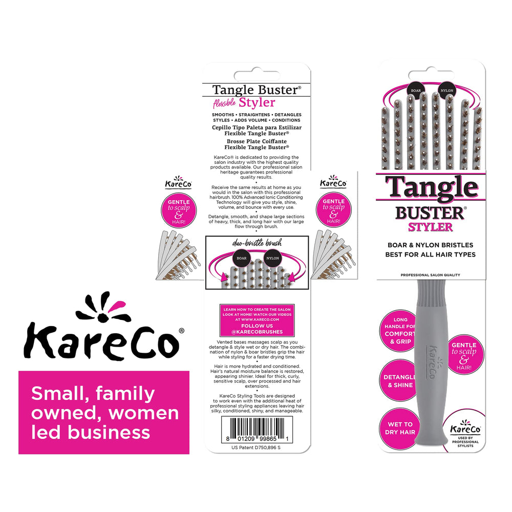 KareCo Tangle Buster ionic bristles smooth hair with gentle massage.