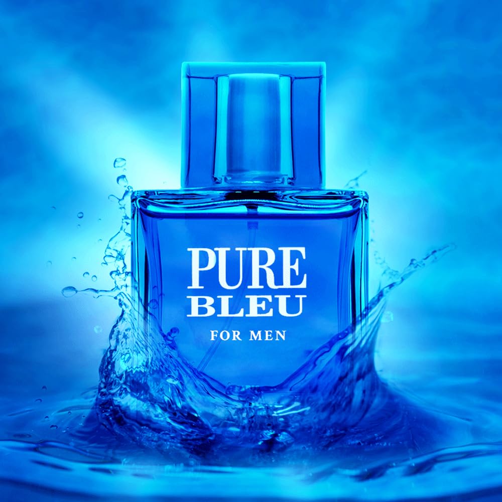 Karen Low Pure Blue brand-logo detail with modern masculine identity.