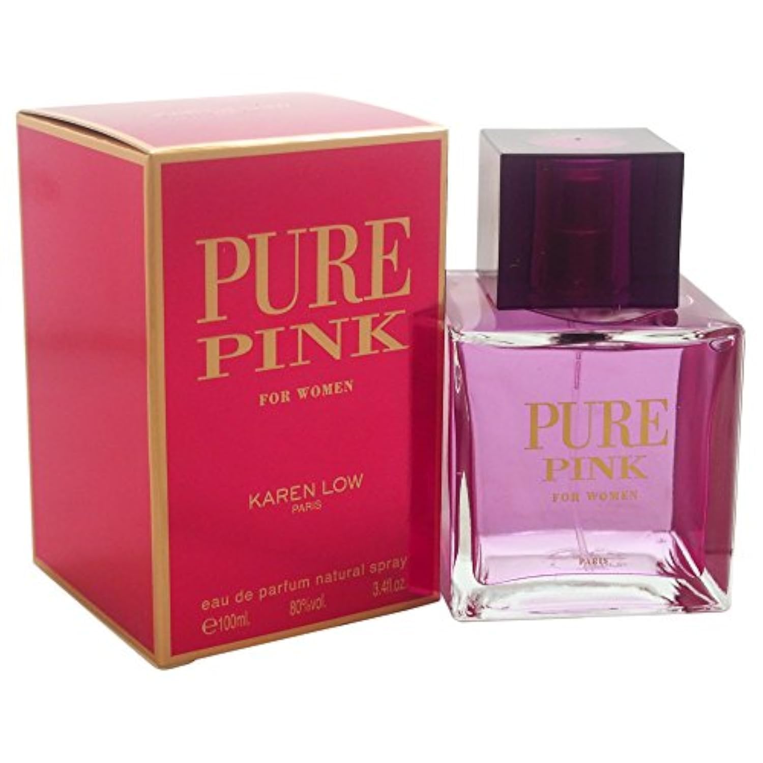 Karen Low Pure Pink Eau de Parfum bottle, rosy bouquet scent for romantic evenings.