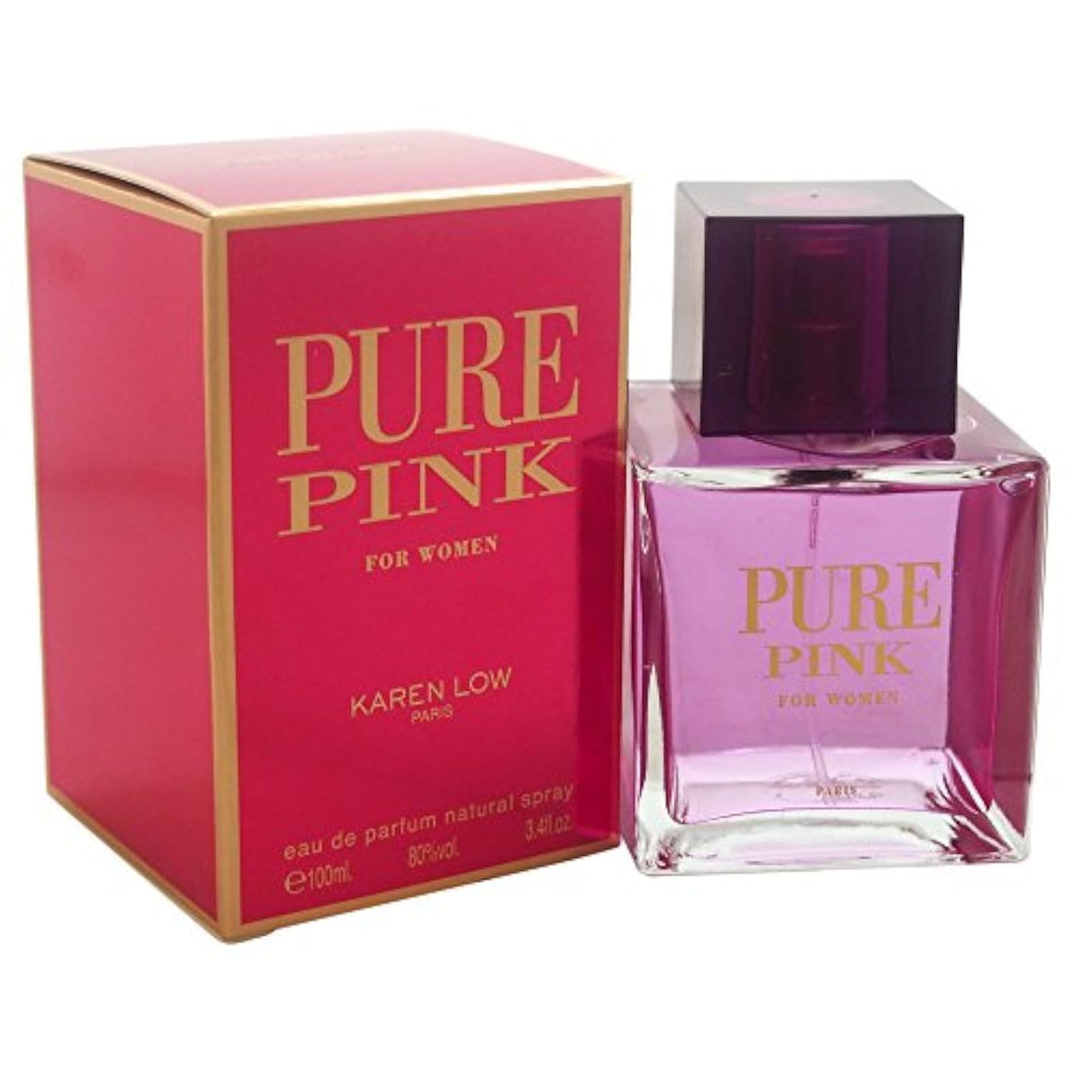 Karen Low Pure Pink Eau de Parfum bottle, rosy bouquet scent for romantic evenings.