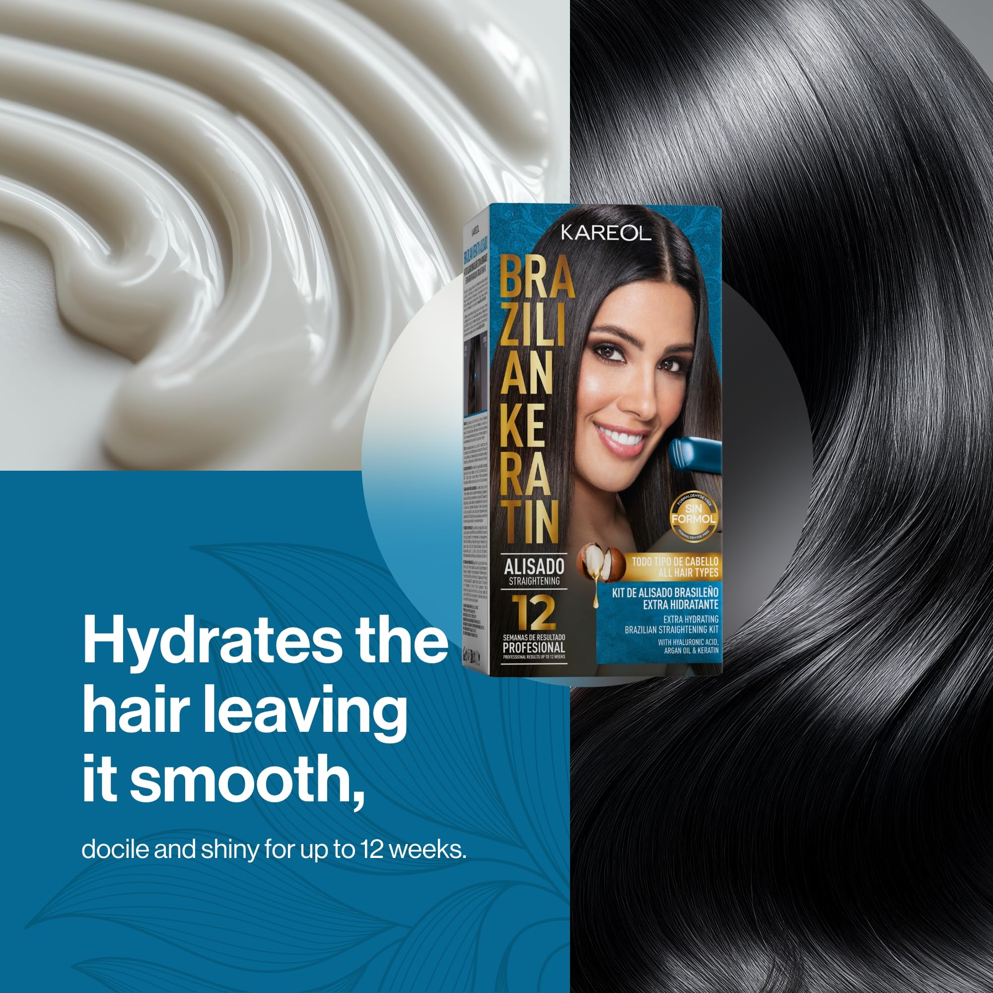 Kareol ingredients close-up featuring hyaluronic acid and vegan keratin