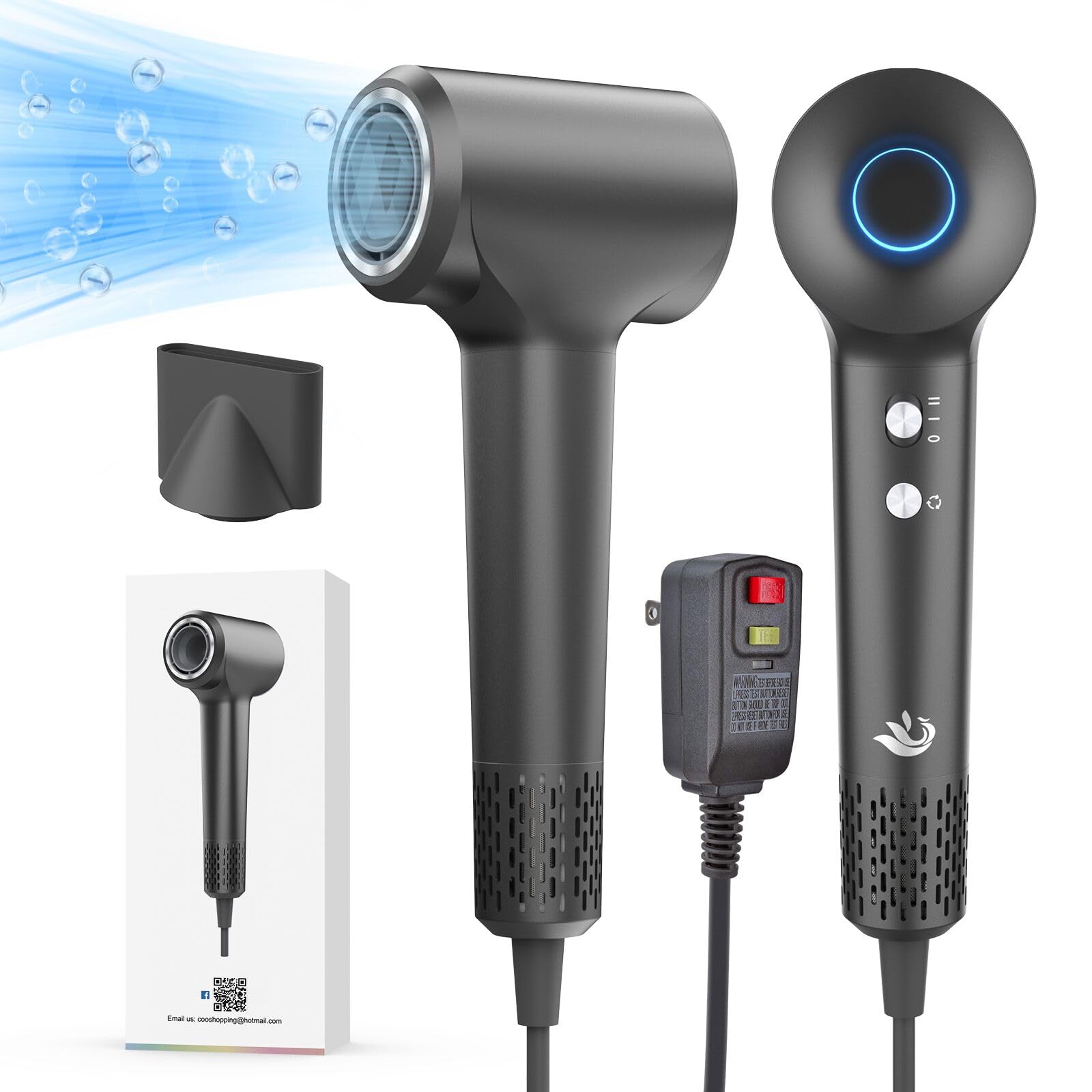 KARFUN hair dryer front view in dark gray for professional styling.
