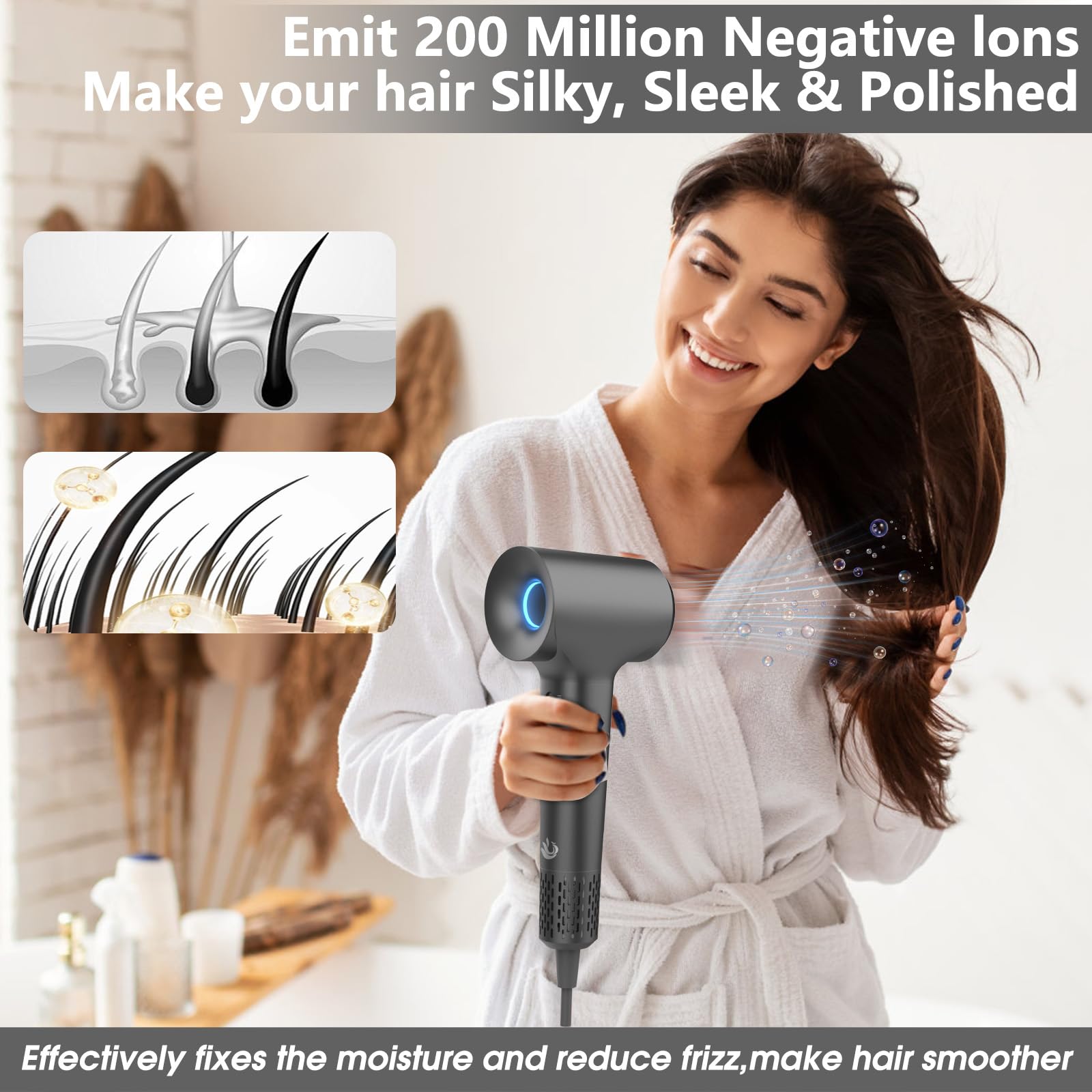 KARFUN hair dryer side view with nozzle attachment for precise drying.