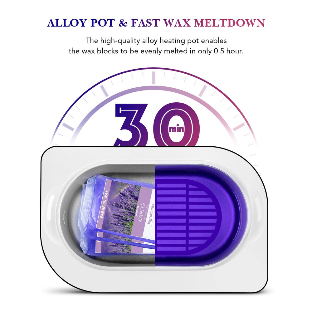 Karite Paraffin Wax Bath elbow-immersion setup shows larger treatment area for smoother skin.