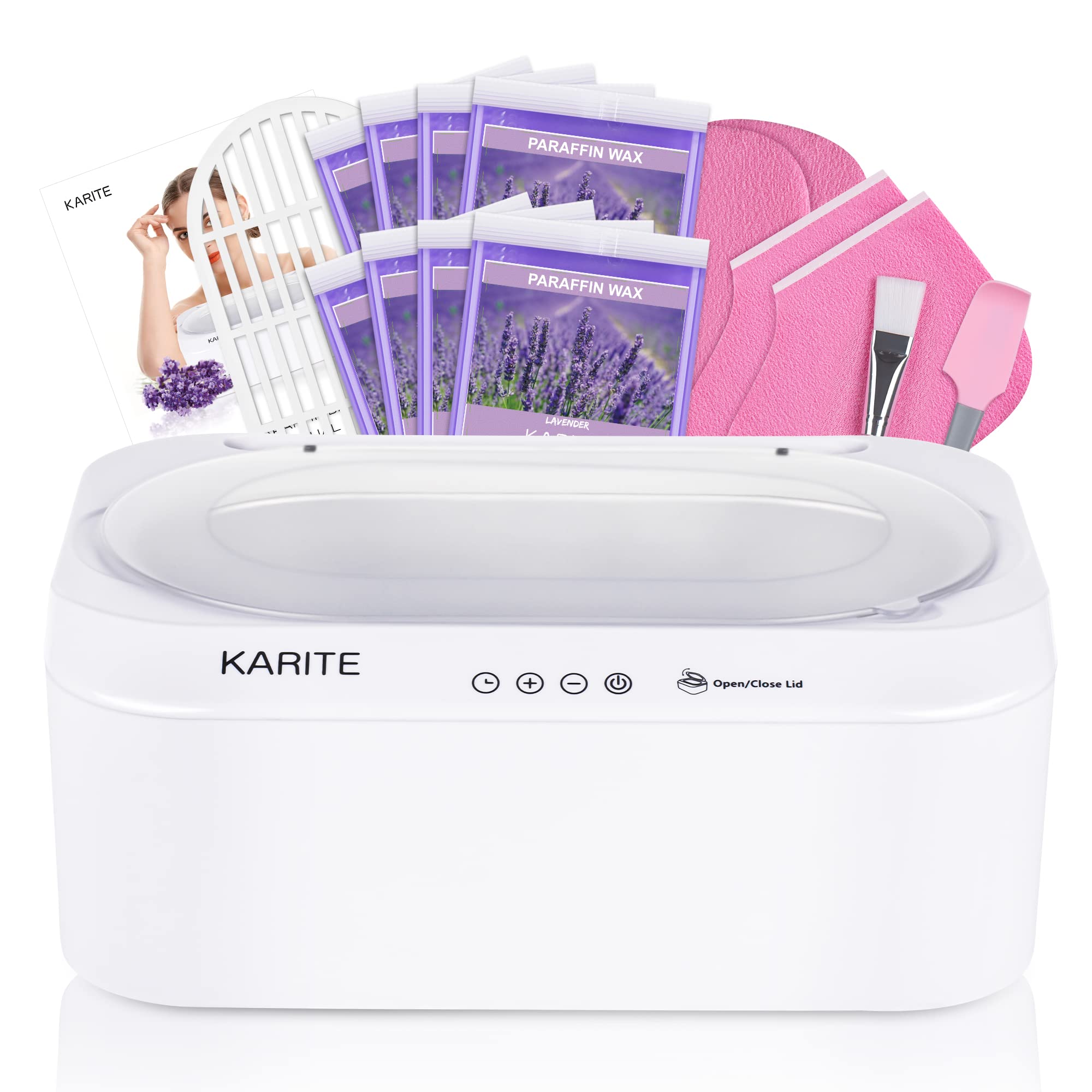 Karite paraffin wax machine with auto lid opens to speed warm-up and treatment.
