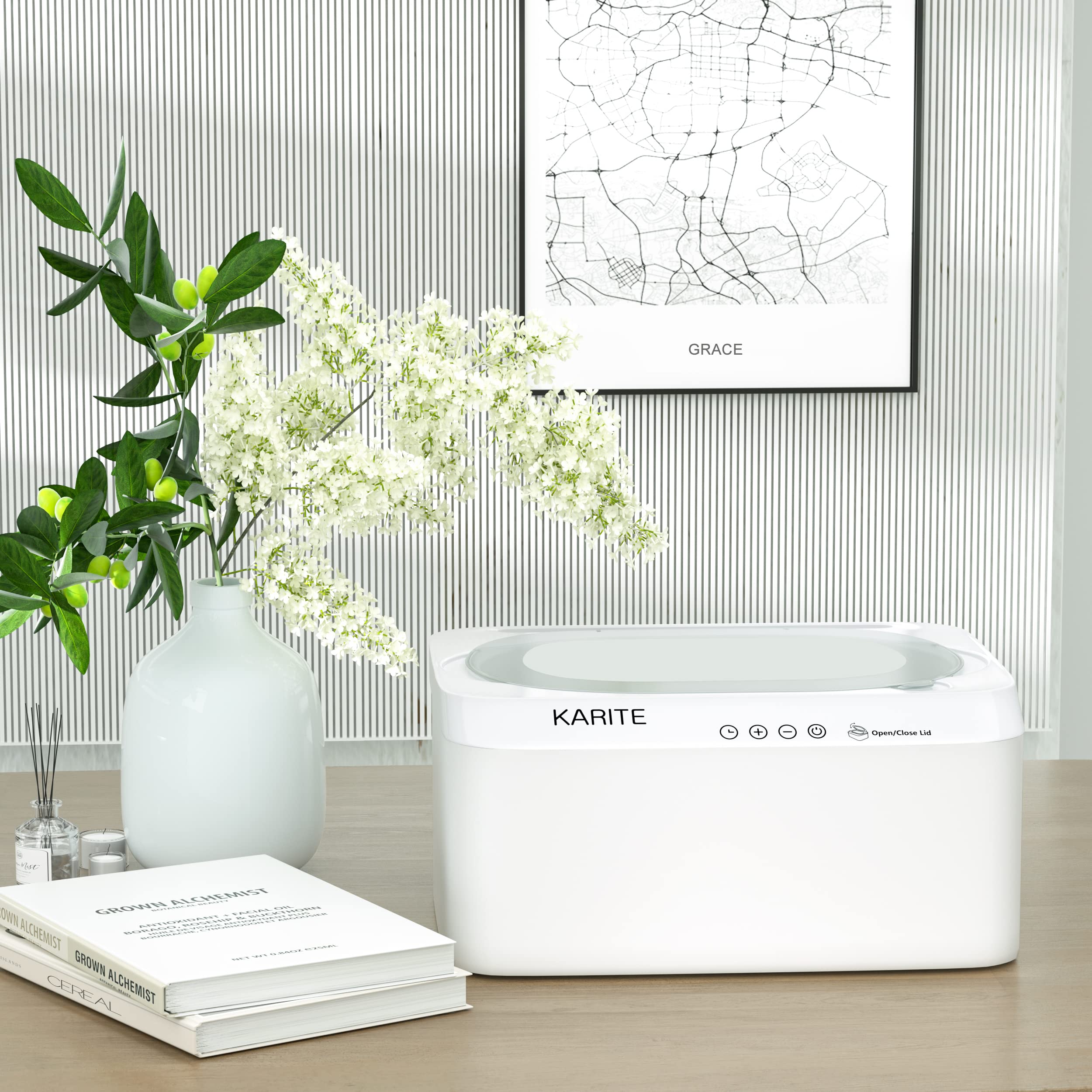 Karite paraffin wax machine hands feet elbows soak setup at home.