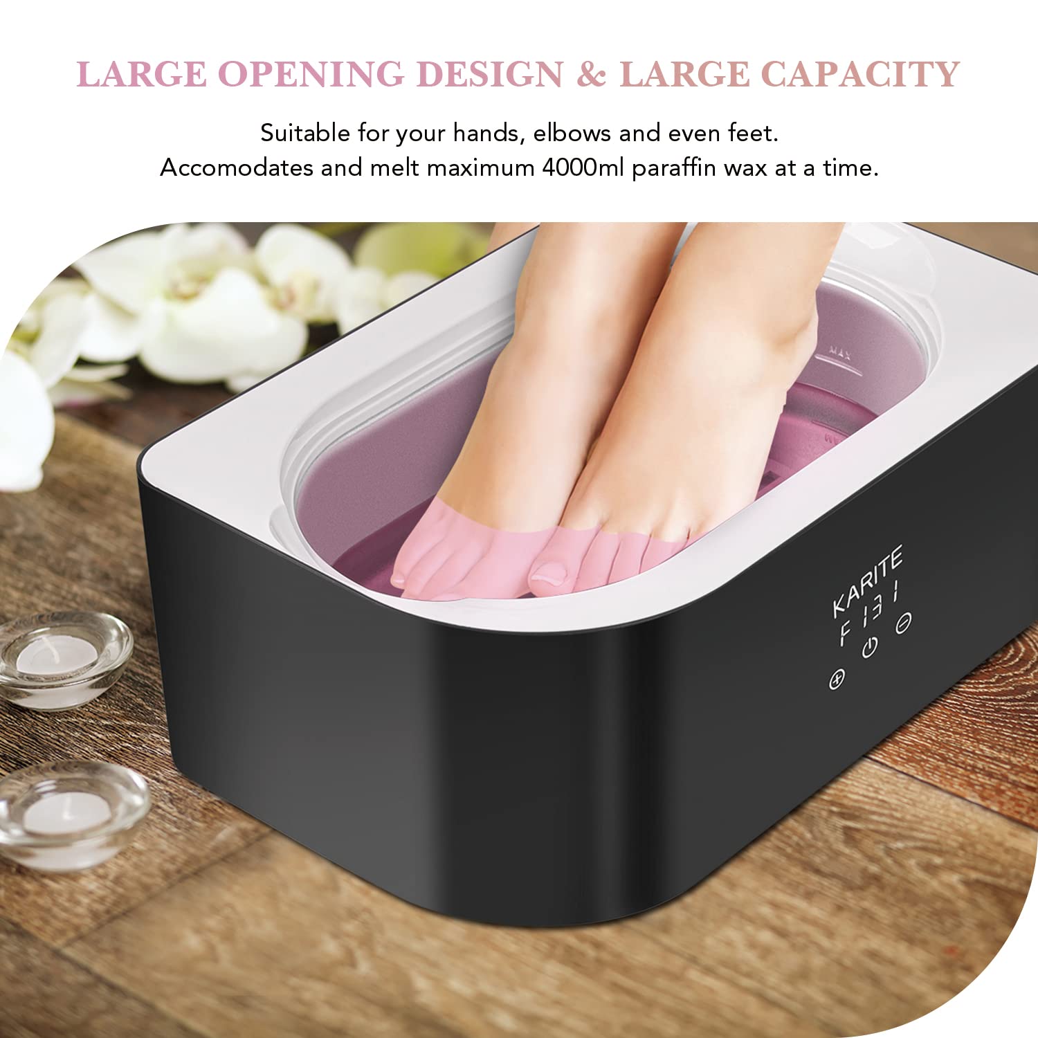Karite peach aroma provides a relaxing, mood-soothing paraffin wax session.