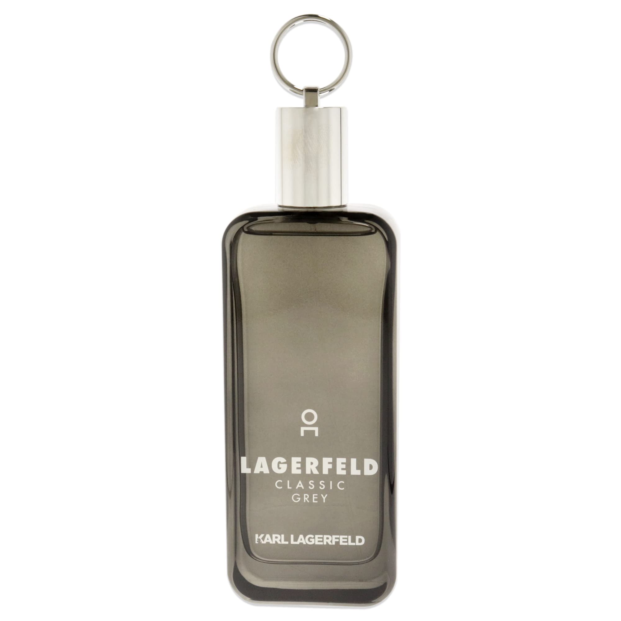 Karl Lagerfeld Paris Classic Grey bottle close-up highlights cedarwood and jasmine notes for lasting impression.