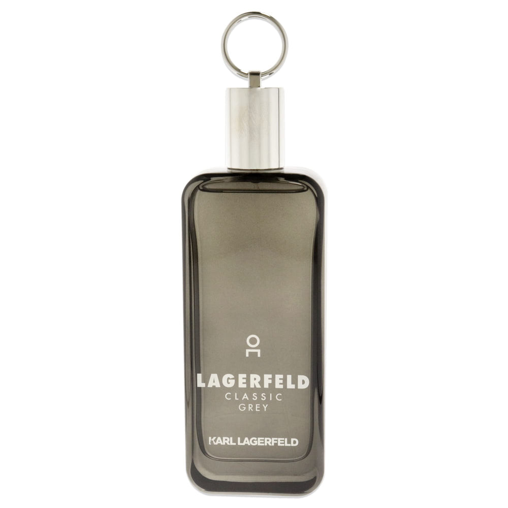 Karl Lagerfeld Paris Classic Grey bottle close-up highlights cedarwood and jasmine notes for lasting impression.