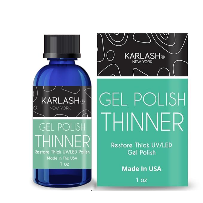 Karlash Gel Polish Thinner bottle with dropper helps revive thick gels for smooth, shiny results.