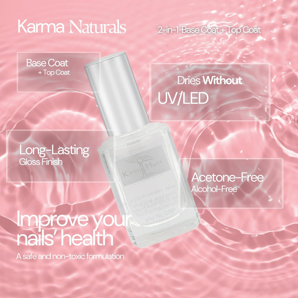Karma Organic clear nail enamel bottle showing long lasting gloss