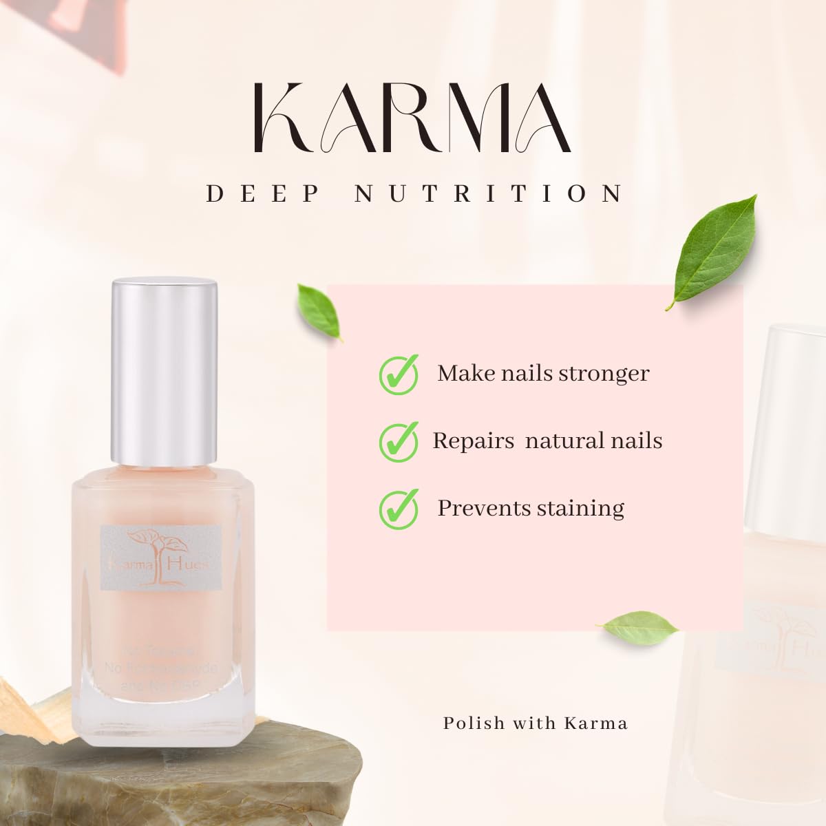 Karma Organic Deep Nutrition nail bottle closeup highlights a quick-drying, non-toxic formula.