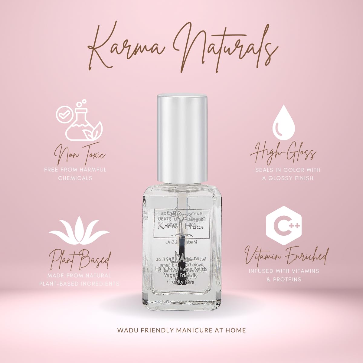 Karma Organic Halal Nail Polish base top coat demonstrates versatile two in one formula