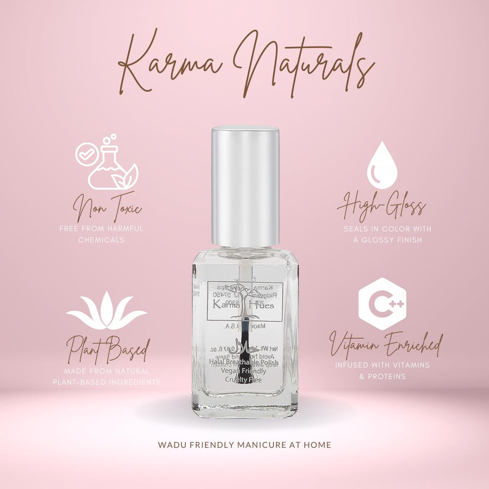 Karma Organic Halal Nail Polish base top coat demonstrates versatile two in one formula