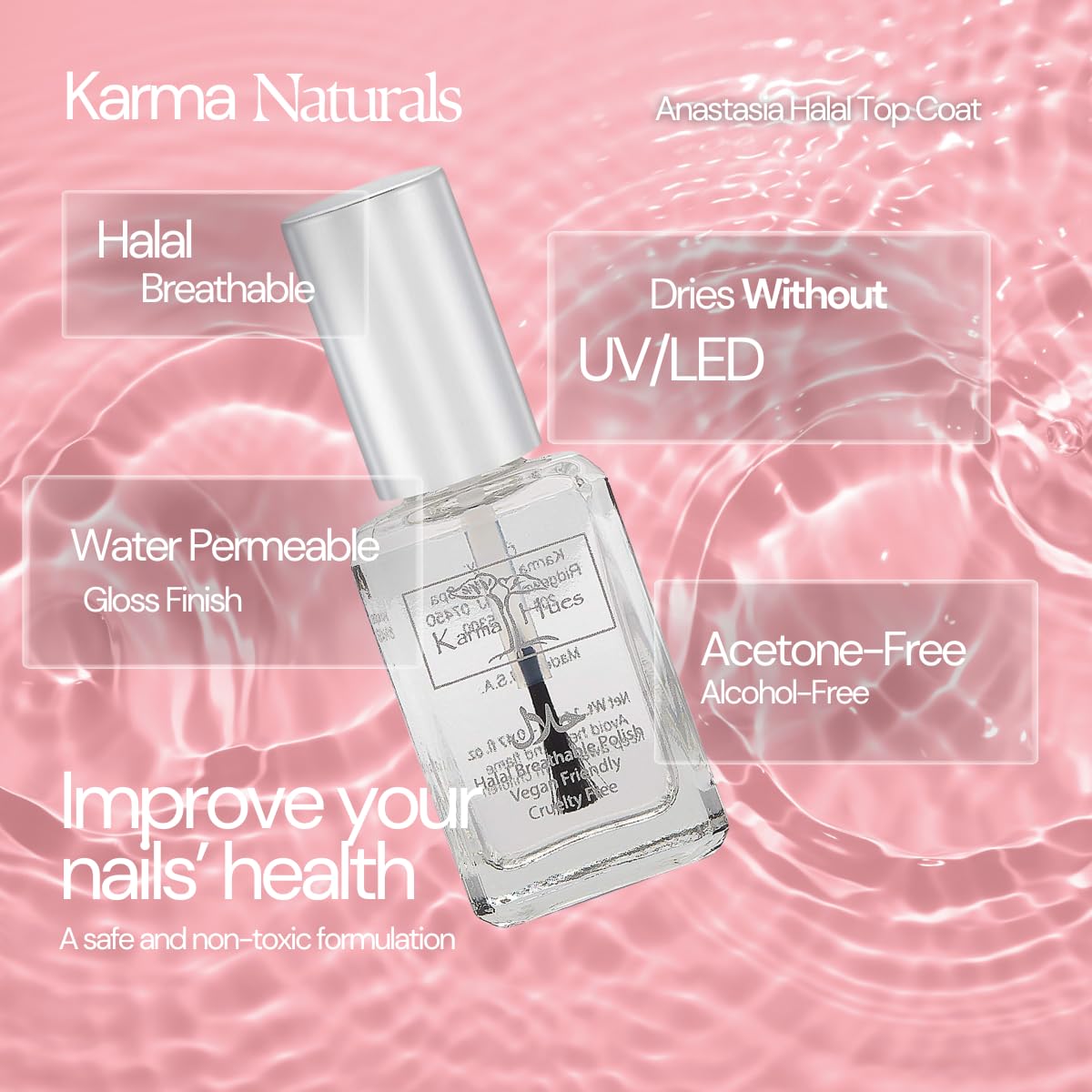 Karma Organic Halal Nail Polish color swatch showcasing vibrant breathable formula on nail