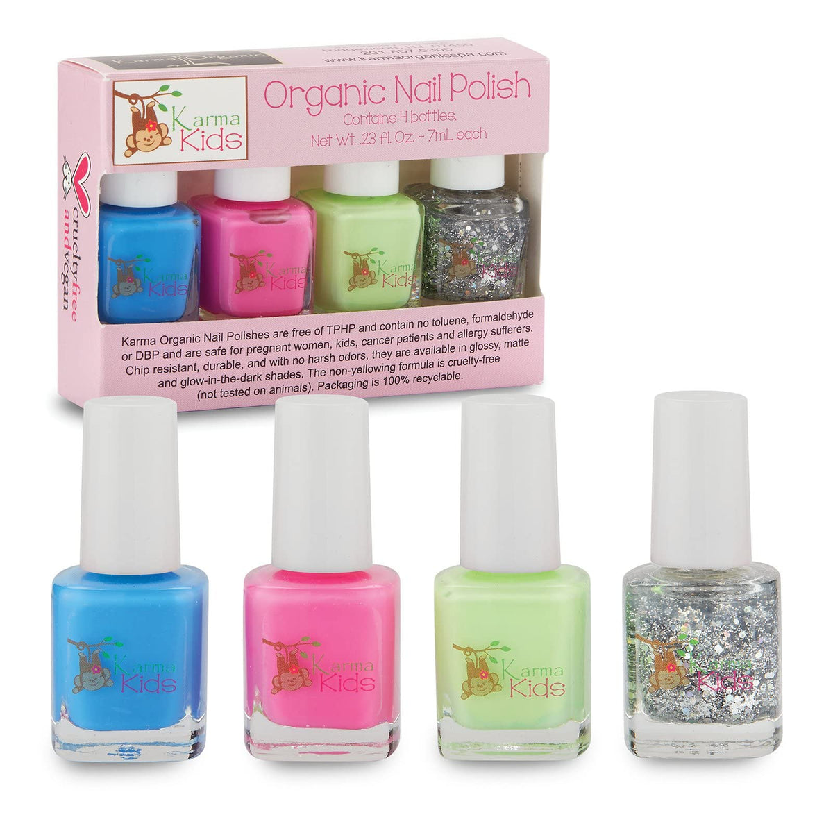 Karma Organic Kids Nail Polish Box Set 1 front view highlights gift-ready packaging for birthdays