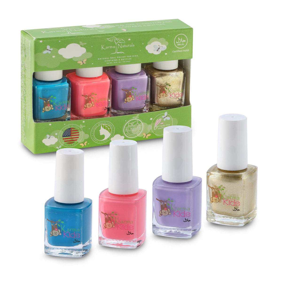 karma organic kids set nail polish bottles closeup highlighting child-safe toxin-free colors