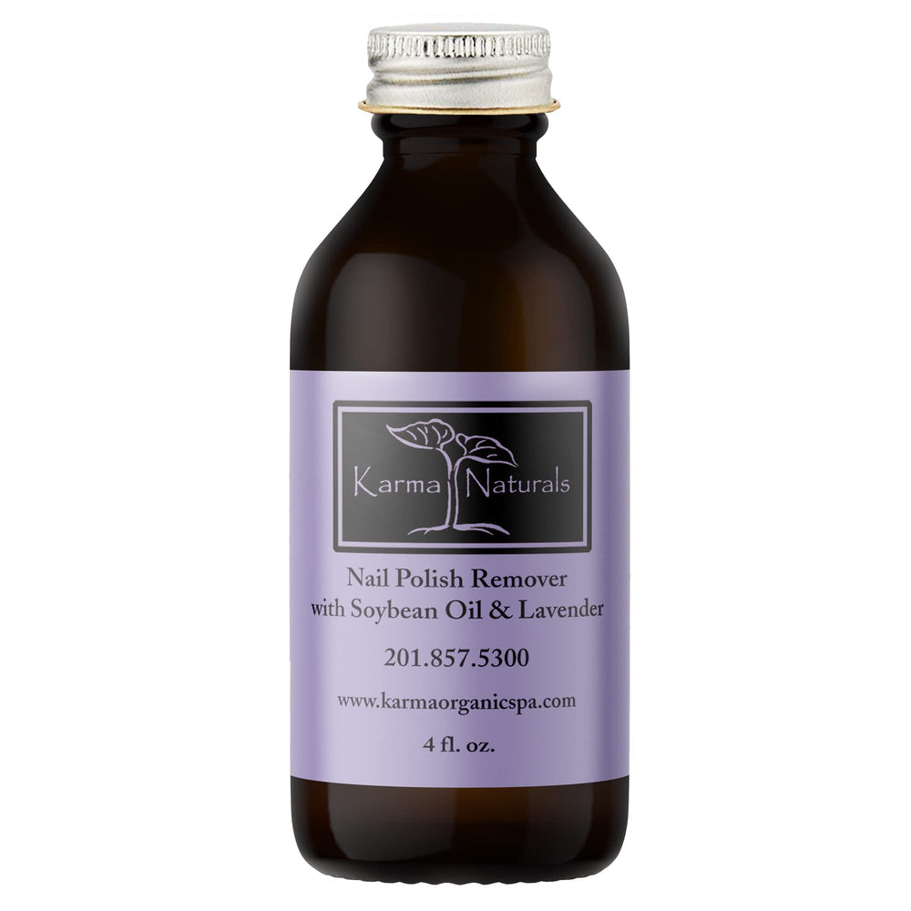 Karma Organic Nail Polish Remover bottle shows acetone-free formula for gentle polish removal.