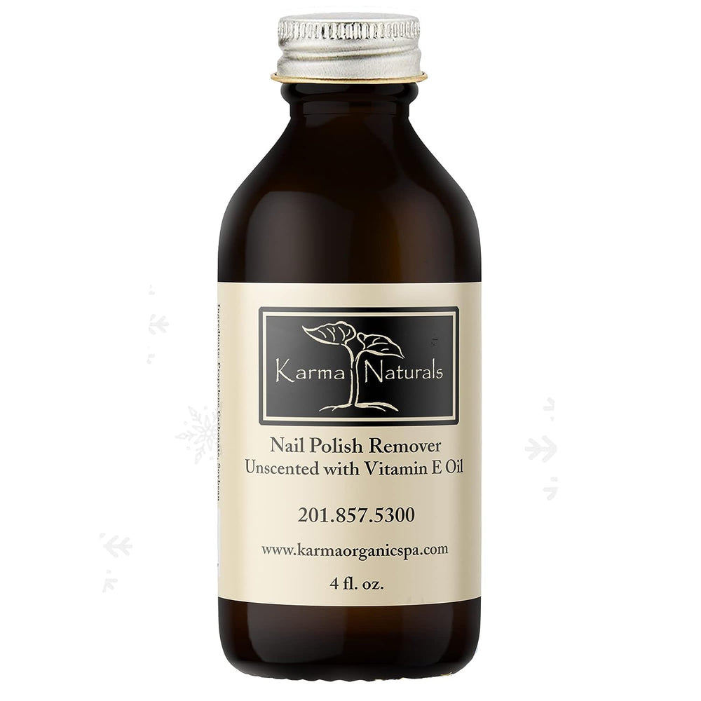 Karma Organic Nail Polish Remover Unscented bottle shows a gentle, acetone-free formula.