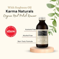 Karma Organic Nail Polish Remover Unscented label close-up highlighting vegan, cruelty-free credentials.