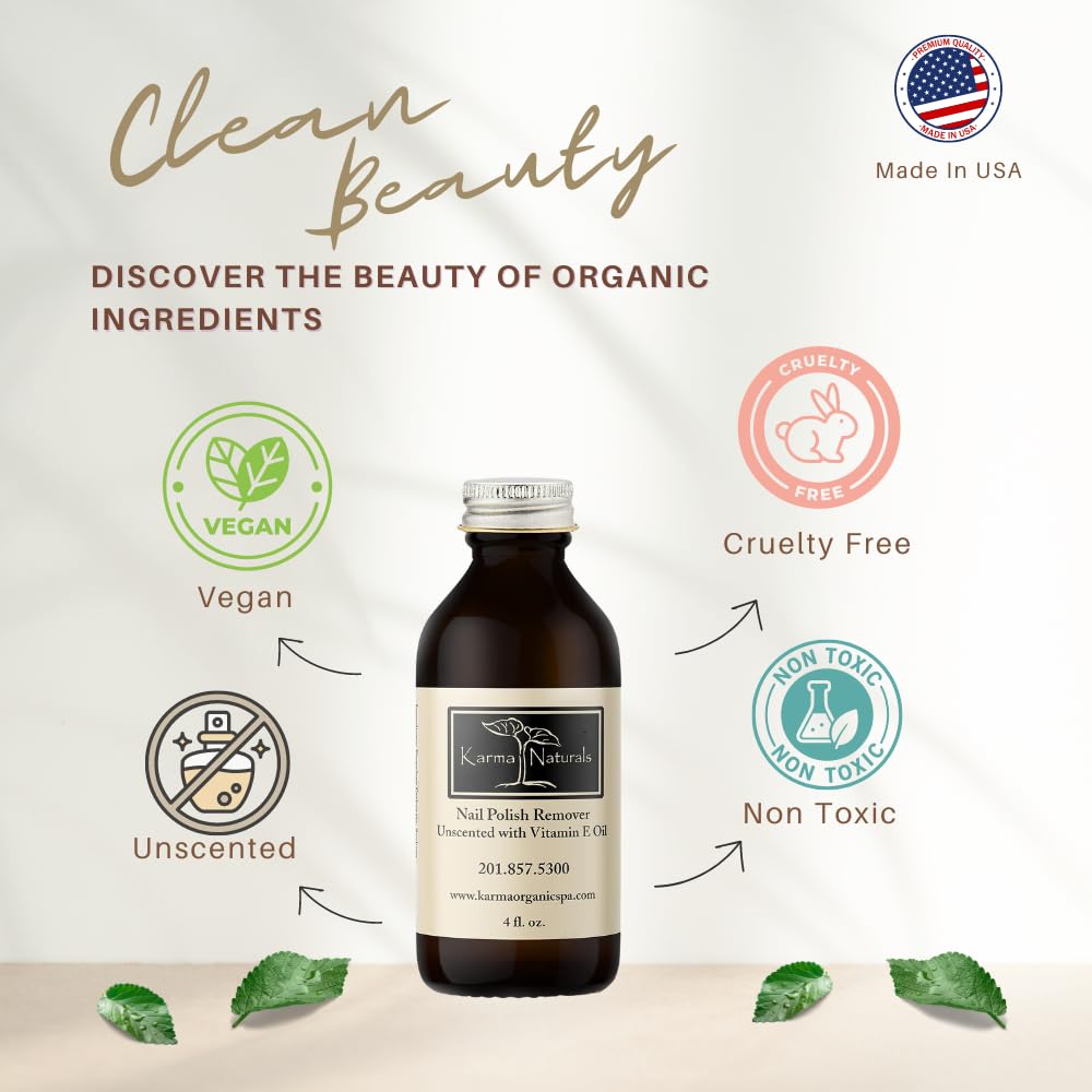 Karma Organic Nail Polish Remover Unscented liquid drop illustrates oil-based polish removal.
