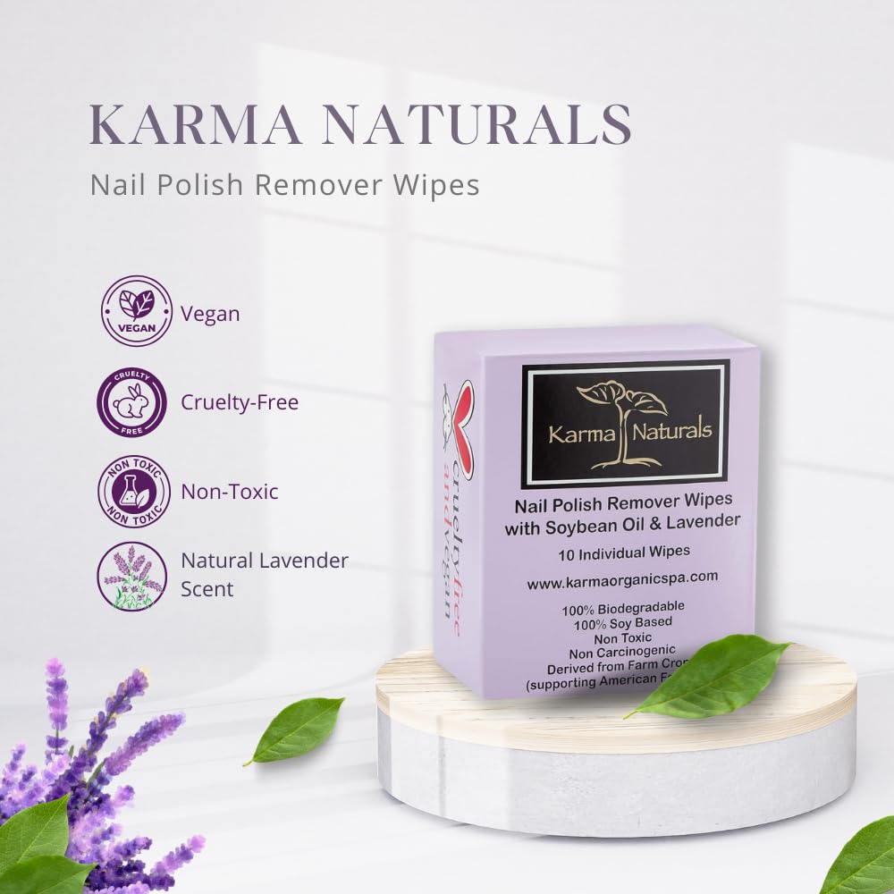 Karma Organic Nail Polish Remover Wipes used on hands and nails leaves polish-free nails.