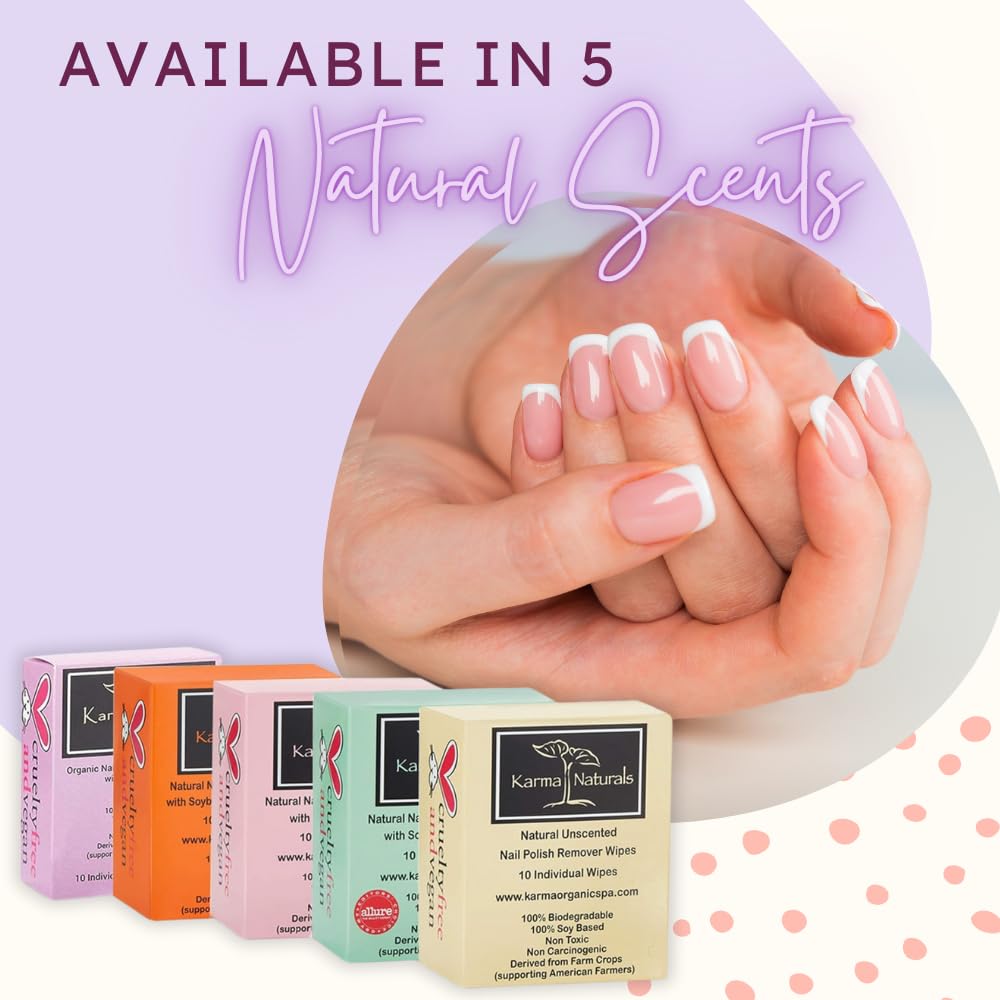 Karma Organic Nail Polish Remover Wipes enriched with aloe vera for hydrating formula.