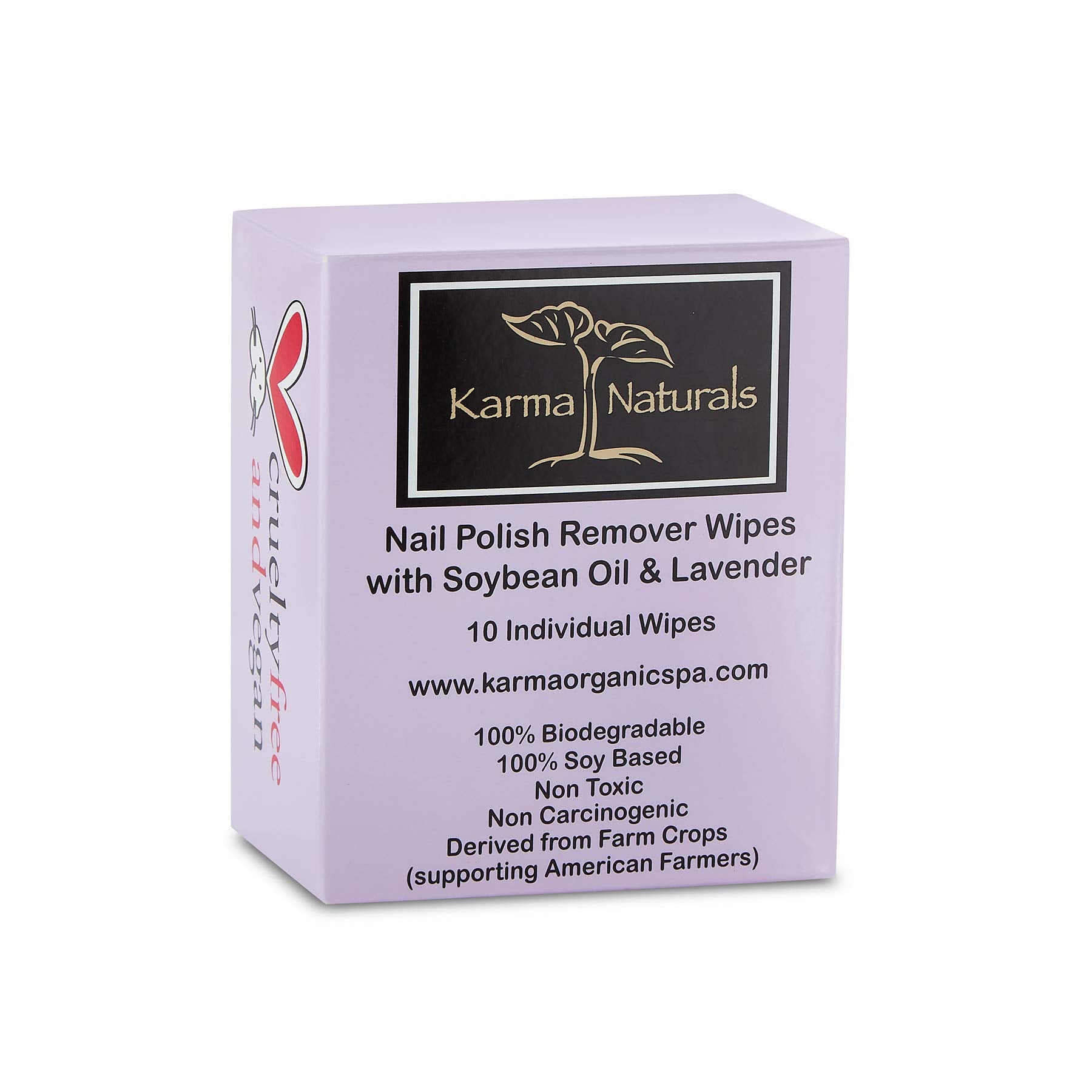 Karma Organic Nail Polish Remover Wipes packaging shows travel-friendly, mess-free removal.