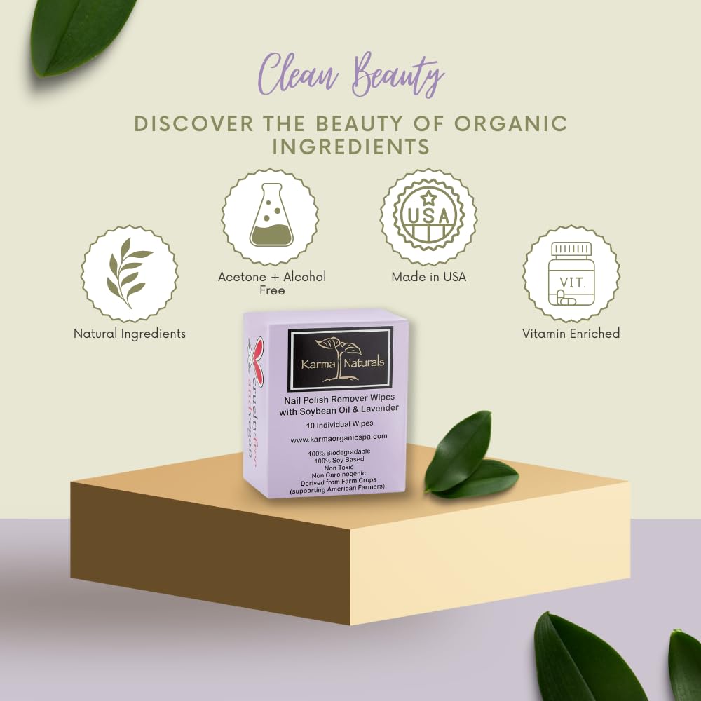Karma Organic Nail Polish Remover Wipes travel-friendly design fits purses and carry-ons.