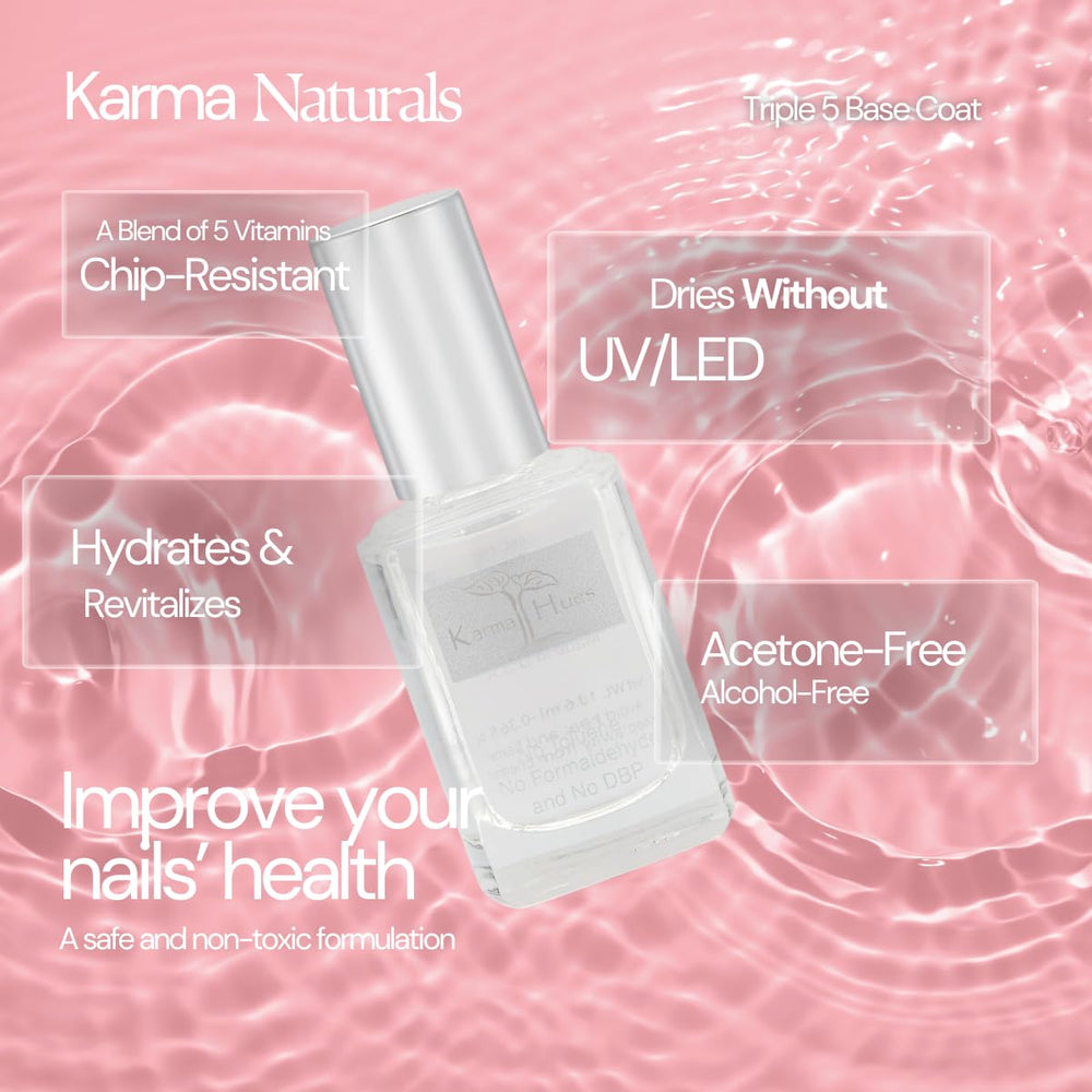 Karma Organic Triple 5 Base Coat close-up nails with vitamin-rich nourishment.