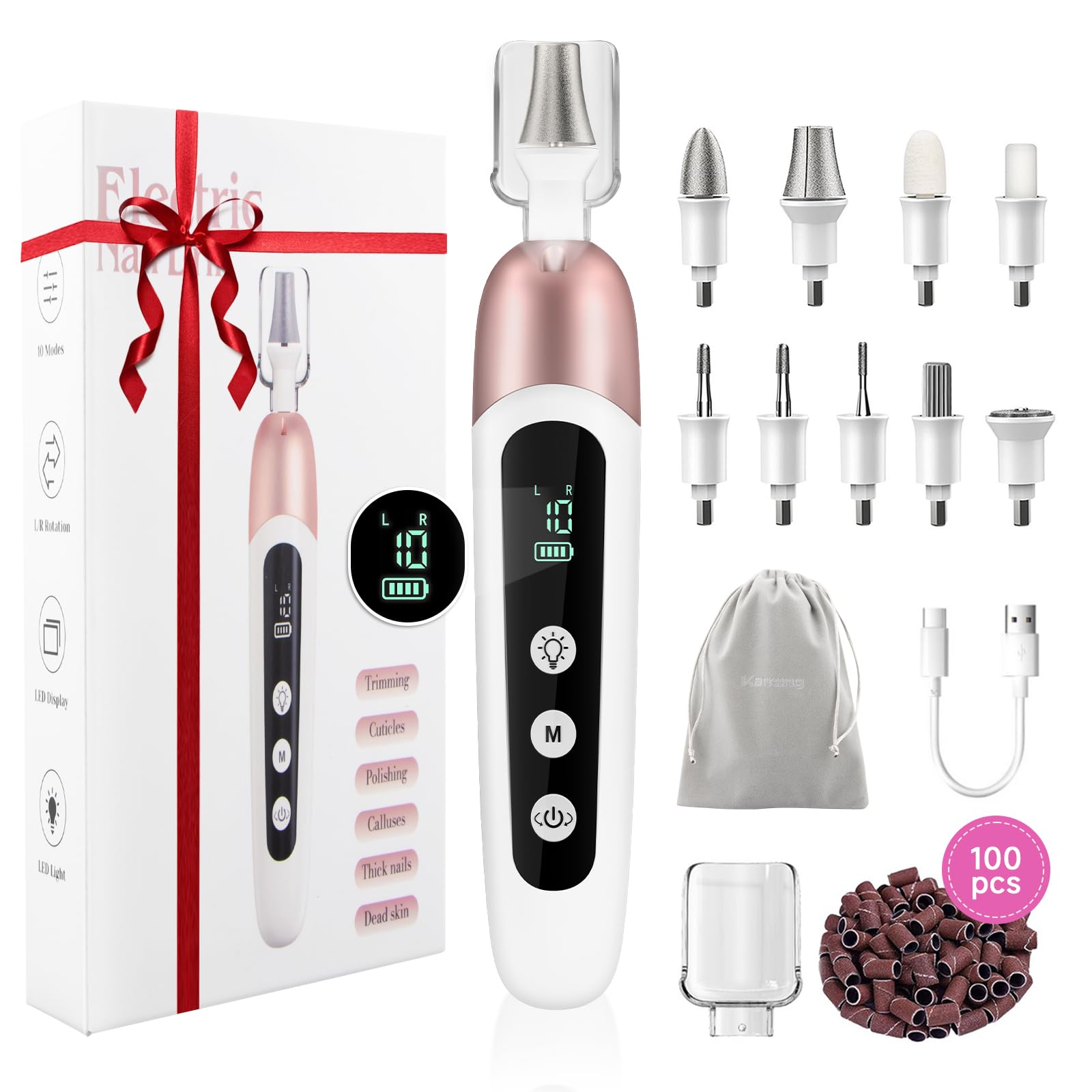 Karrong electric nail file set front view shows cordless convenience for home use