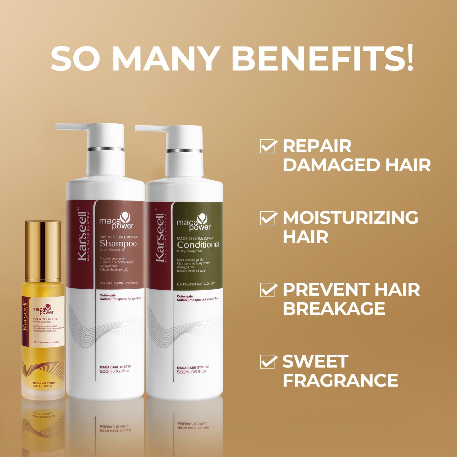 Karseell argan macadamia oil ingredients highlight vitamin E and shine benefits.