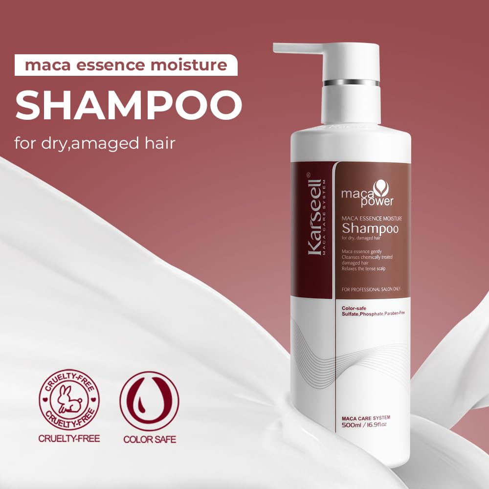 Karseell Argan Oil Shampoo bottle back label highlights nourishing ingredients for hair health.