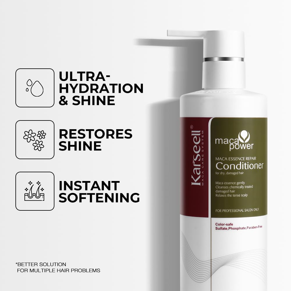 Karseell conditioner split-end repair close-up; reinforces damaged ends for healthier look.
