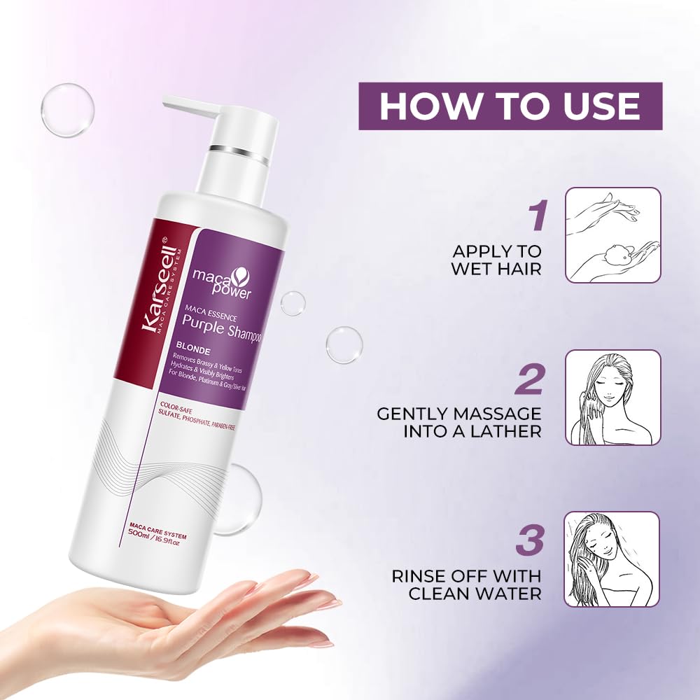 Karseell Purple Shampoo applied to bleached hair for brassiness neutralization