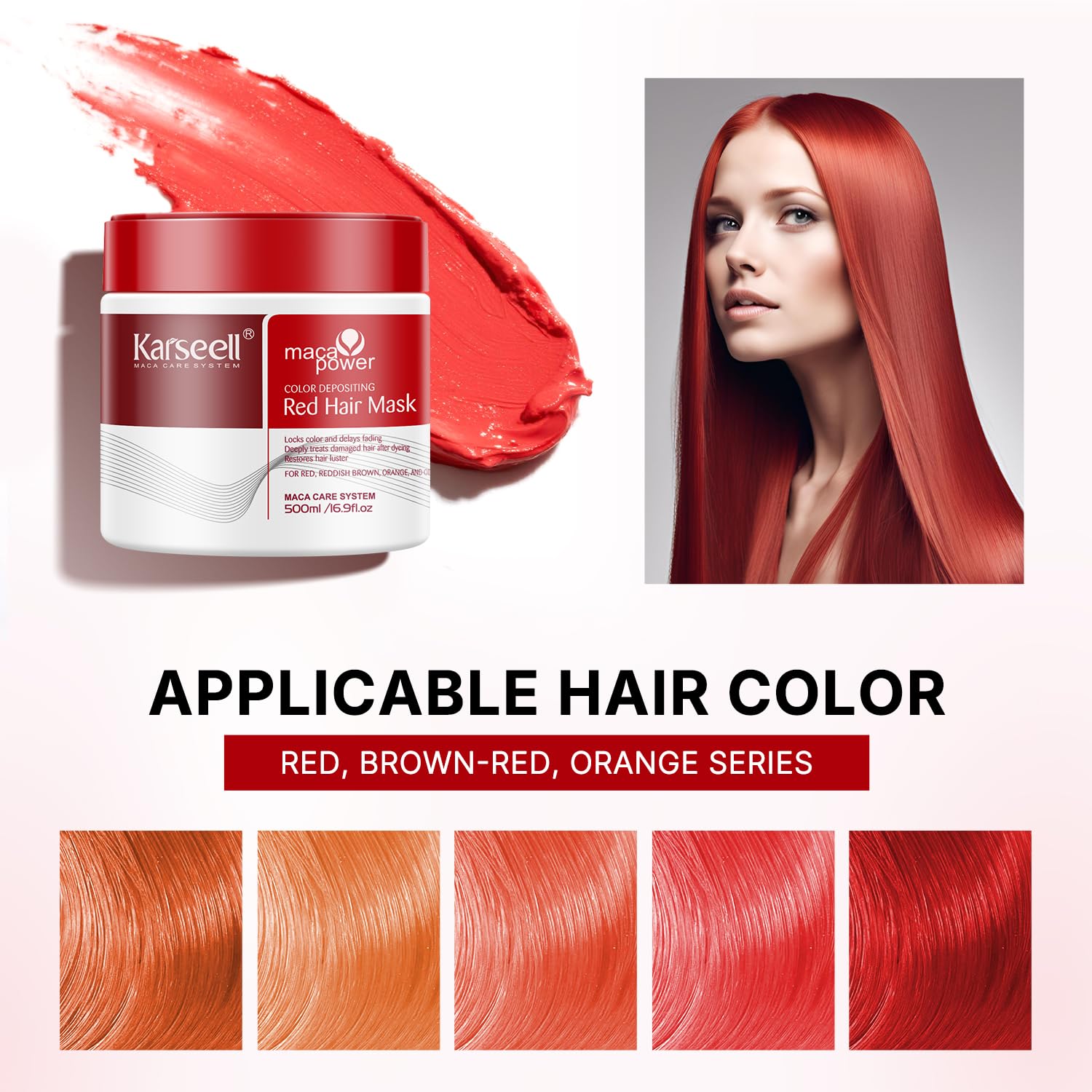 Karseell red hair mask jar closeup highlighting glossy, hydrated strands
