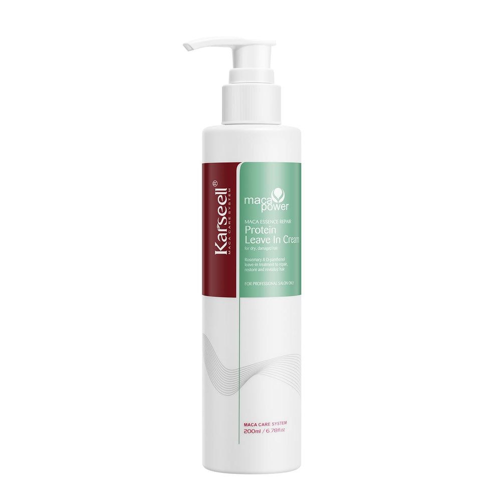 Karseell Repair Protein Cream bottle close-up demonstrates nourishing leave-in treatment for dry hair.