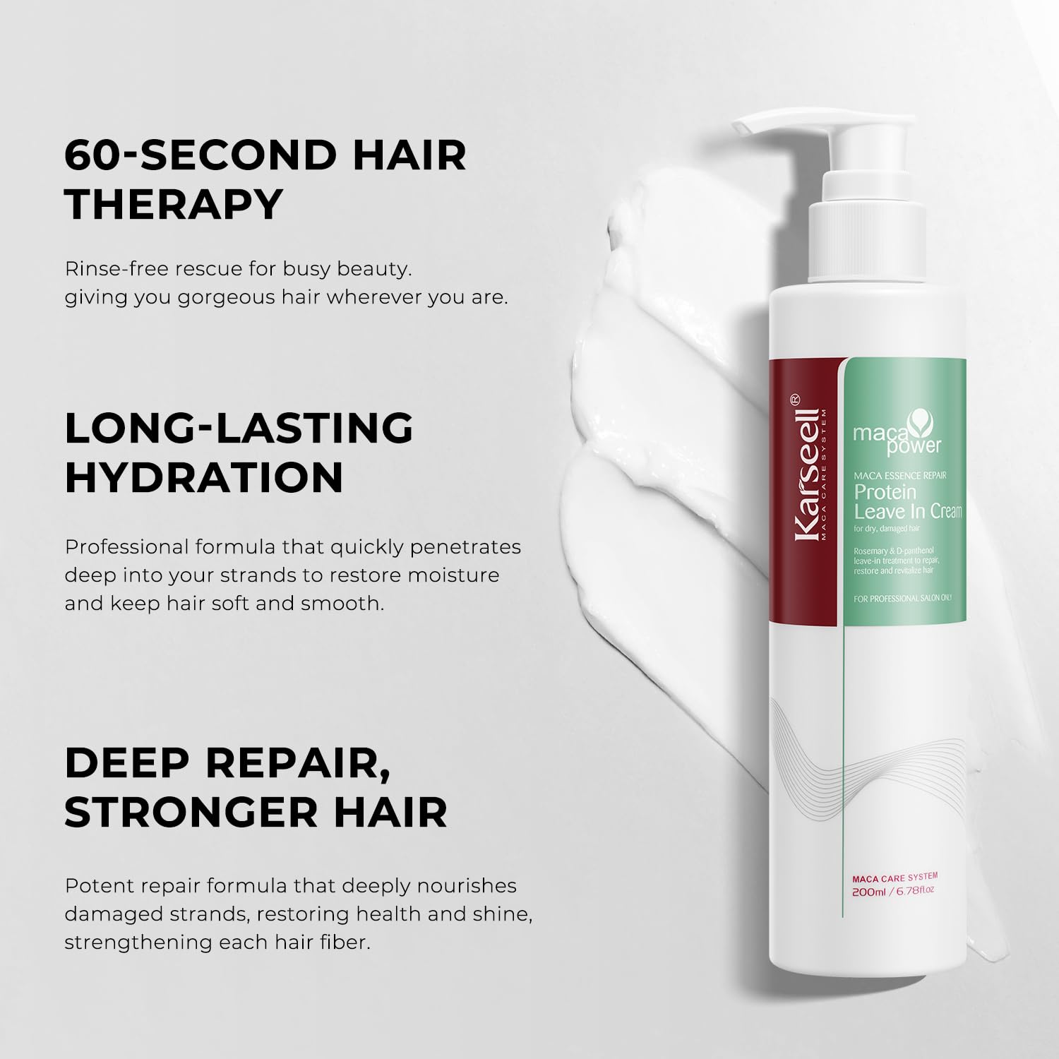 Karseell Repair Protein Cream shown on dry hair for improved manageability and softness.