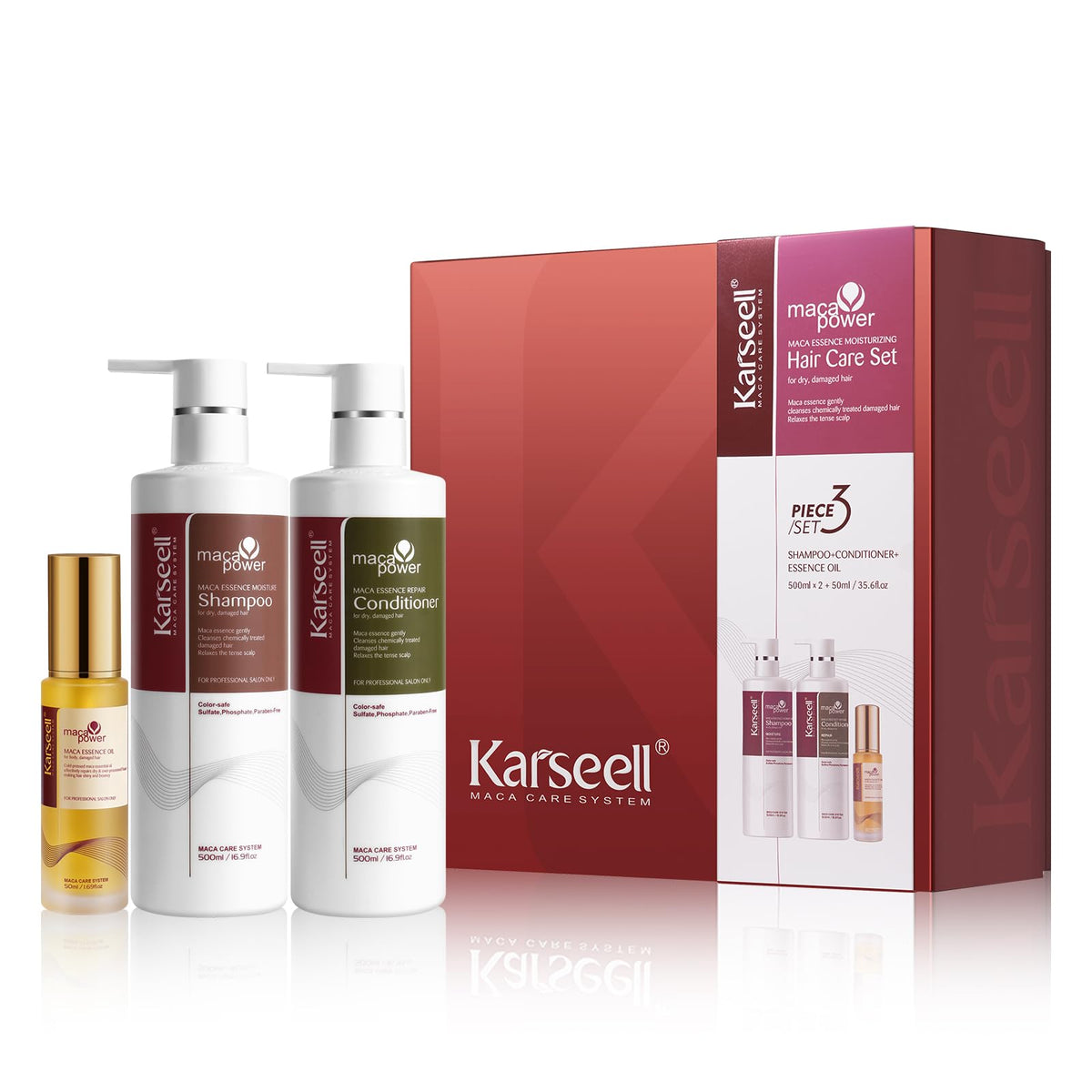 Karseell shampoo bottle close-up highlights moisturizing formula for dry hair.