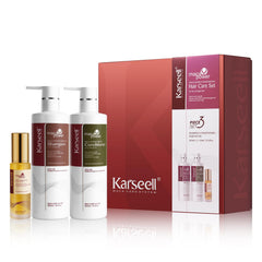 Karseell shampoo bottle close-up highlights moisturizing formula for dry hair.